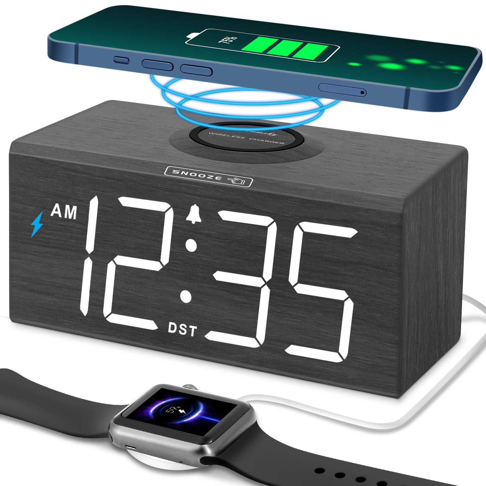 DreamSky Wooden Digital Alarm Clock with Wireless Charging - USB Charger Station, Large Display, Adjustable Volume & Brightness for Bedroom, Nightstand | Perfect for Home, Office, Travel & Gift Giving