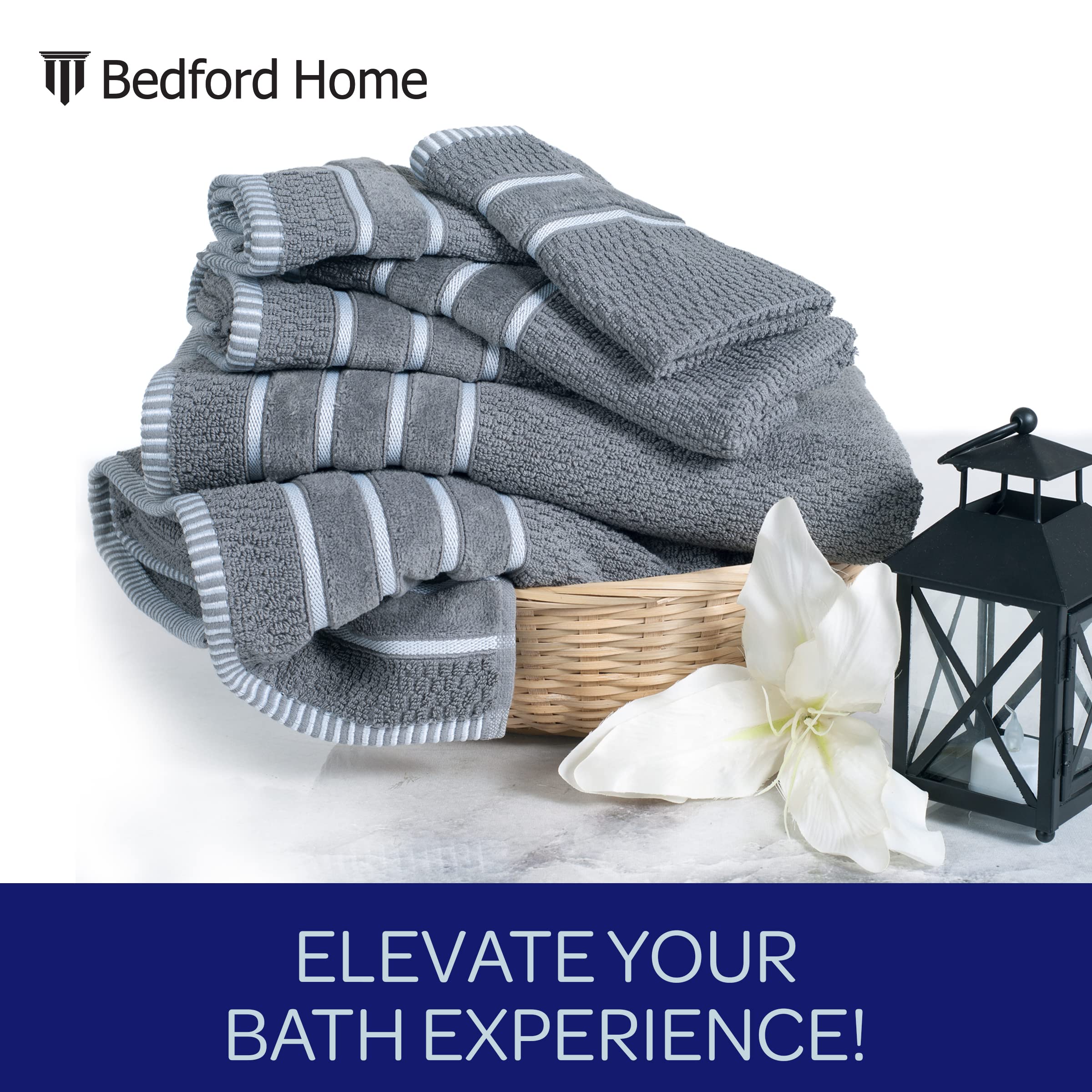 Bedford Home 100% Cotton Rice Weave 6-Piece Towel Set in Silver - Soft & Absorbent Bath Towels for Spa, Bathroom & Guest Use