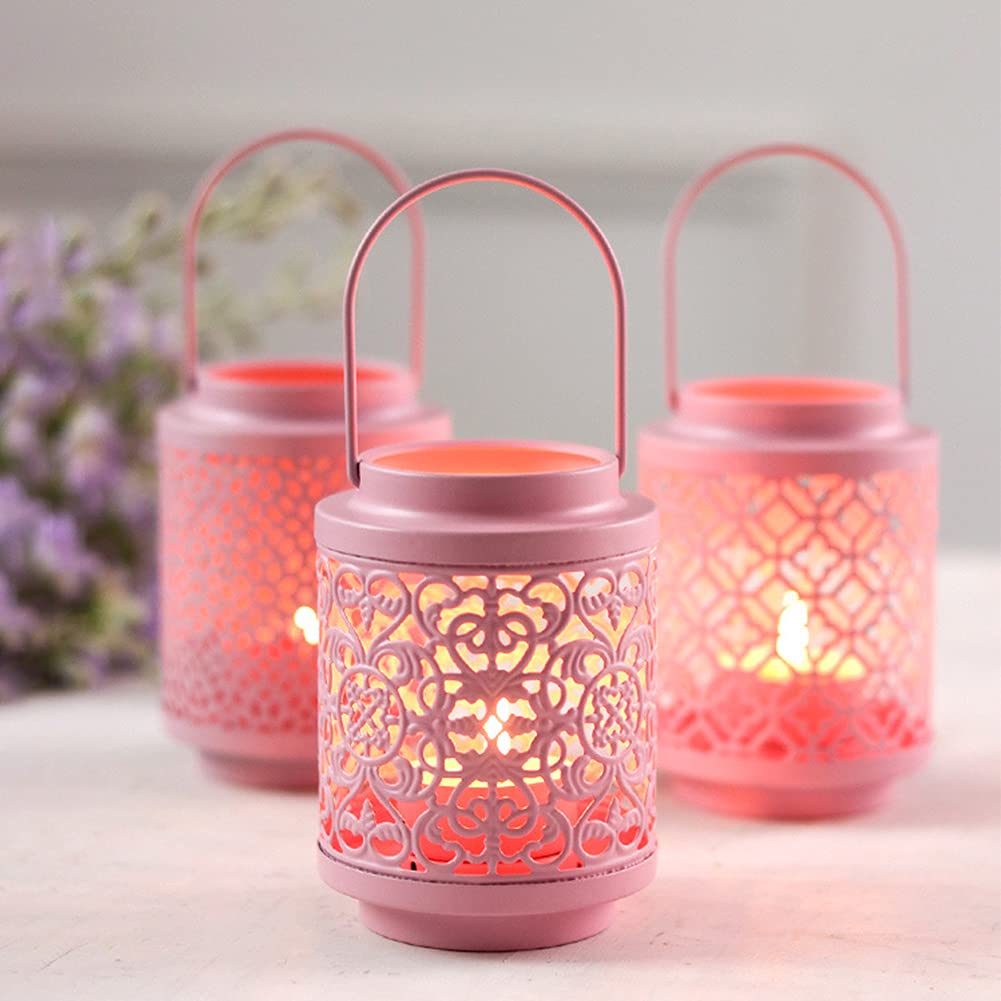 WAYUTO 7.2 Inch Pink Metal Candle Holder Set of 2 - Rustic Iron Hanging Lantern Candlestick Holder for Indoor Outdoor Decor, Desk, Patio, Garden, Pathway & Yard - Perfect for Wedding, Party, Home Decor & Romantic Ambiance