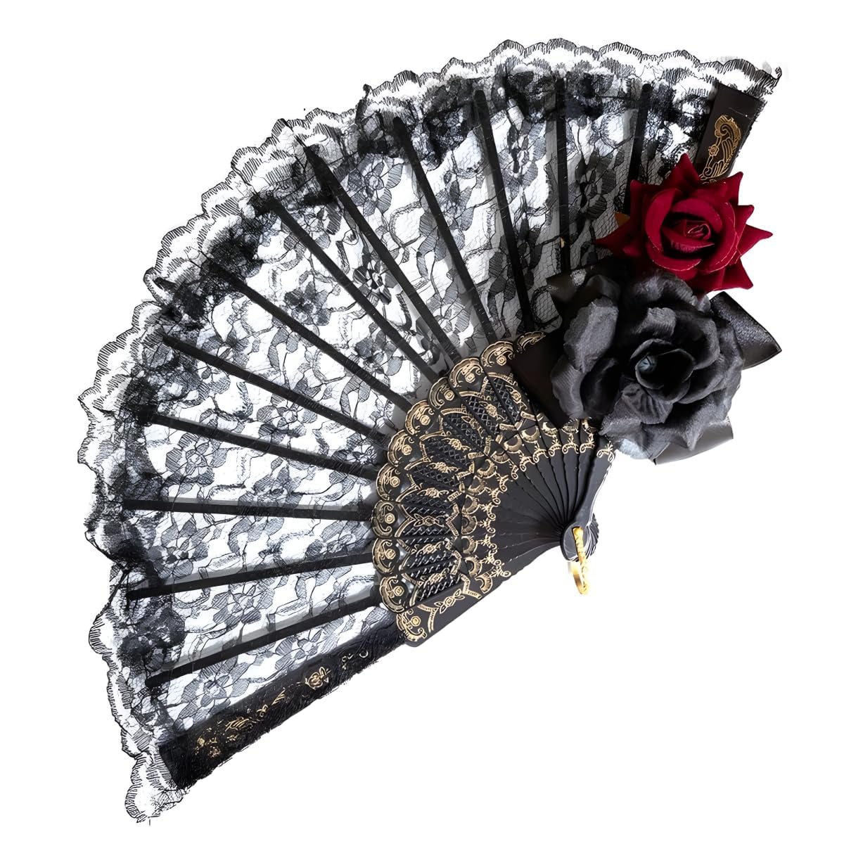 Elegant Black Lace Rose Hand Fan - Vintage Large Folding Fan for Halloween Cosplay, Party Costume, Photo Props & Dance Performances | Perfect for Gothic Weddings, Victorian Events and Theatrical Decorations