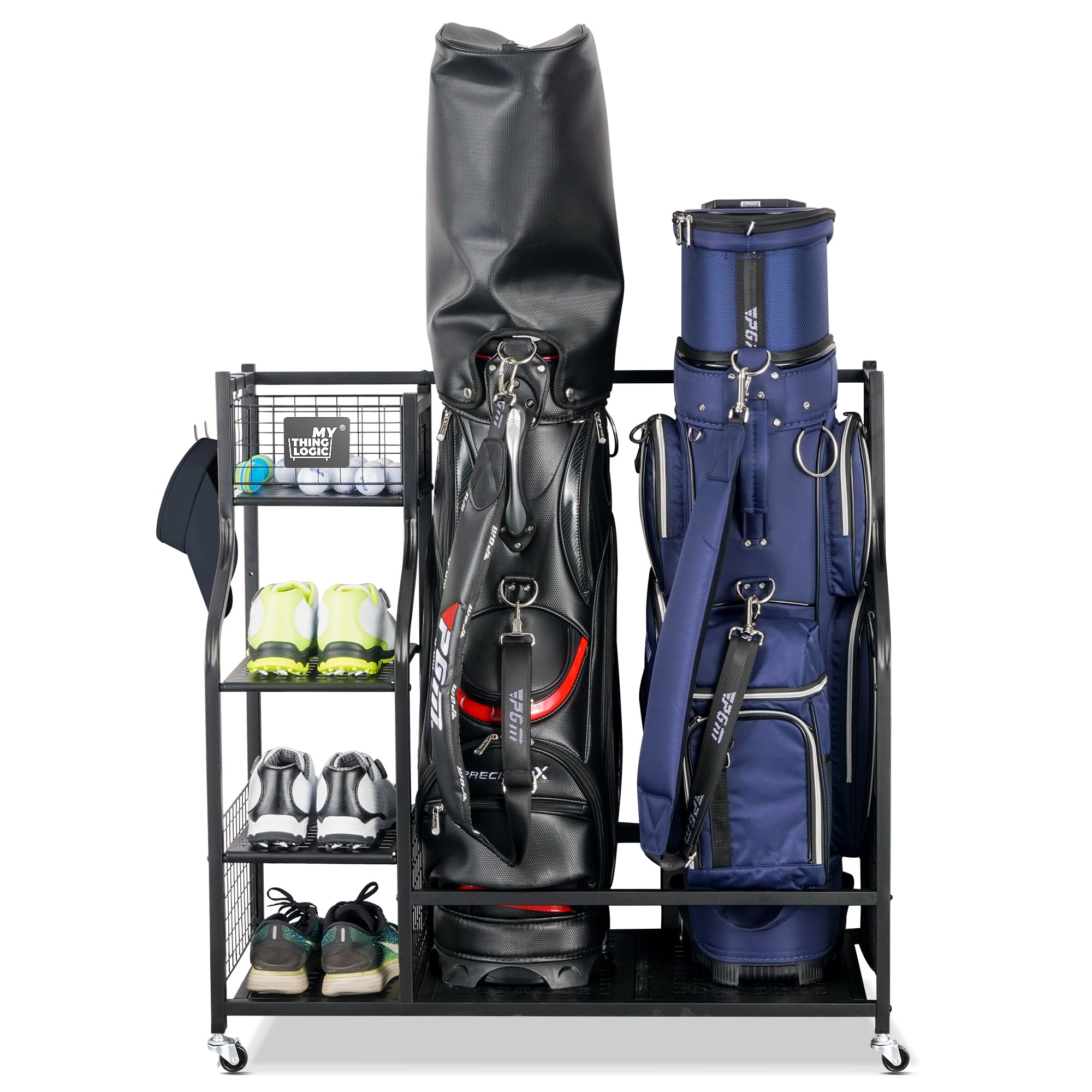Mythinglogic Golf Storage Organizer - Heavy Duty Golf Bag Rack for Garage, Wall Mounted Golf Equipment Holder, Golf Club Storage Solution - Perfect for Home, Garage & Golf Course Organization