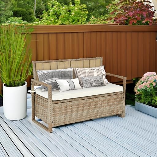 YITAHOME 70 Gallon Outdoor Storage Bench - All-Weather PE Rattan Deck Box with Wicker Design, Patio Furniture Storage for Cushions, Pool Accessories & Garden Tools - Beige - Perfect for Backyard, Deck, and Poolside Organization