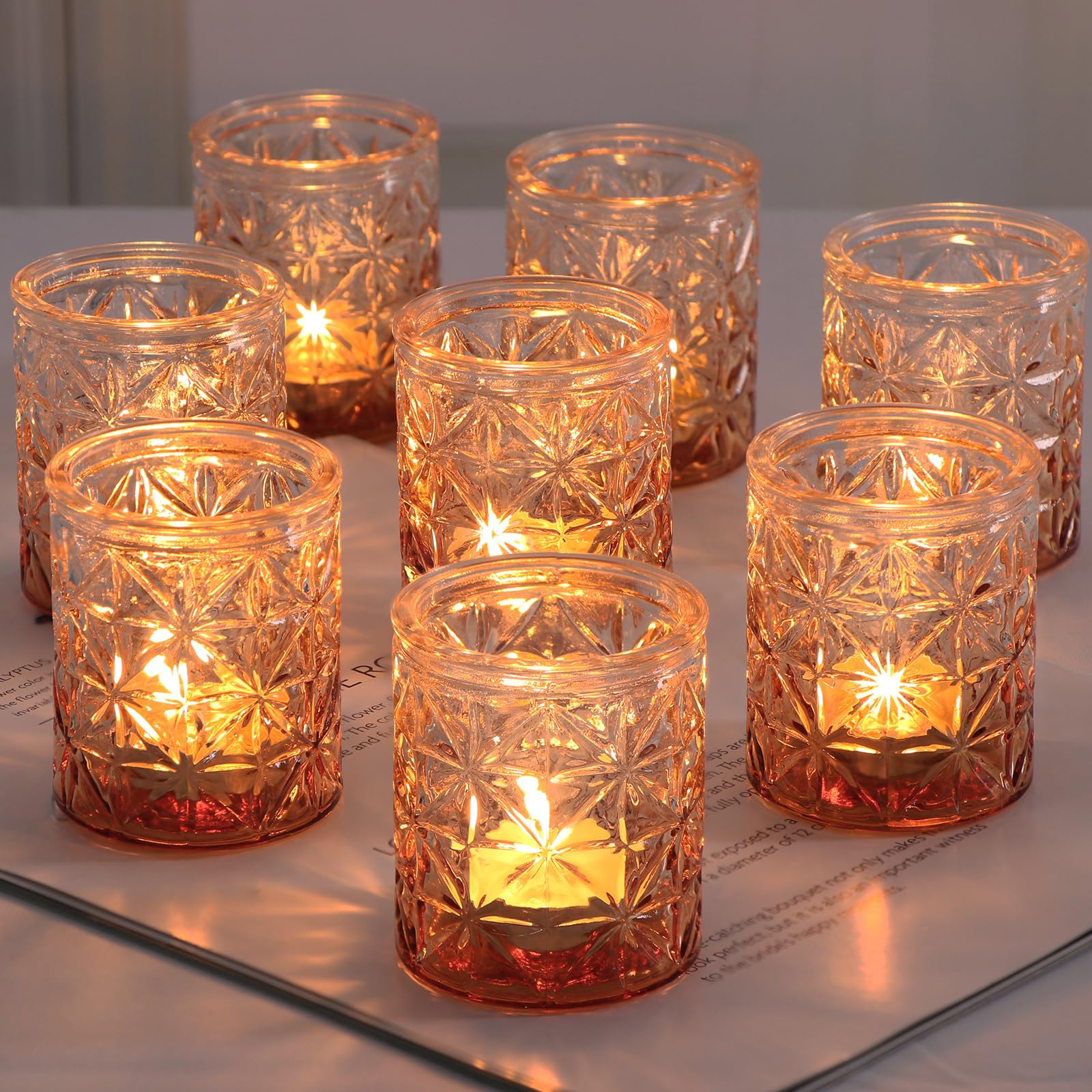 24-Piece Amber Glass Votive Candle Holders Set - Elegant Tea Light Candle Holders for Wedding Centerpieces, Holiday Table Decor, Romantic Dinner Ambiance & Home Decoration