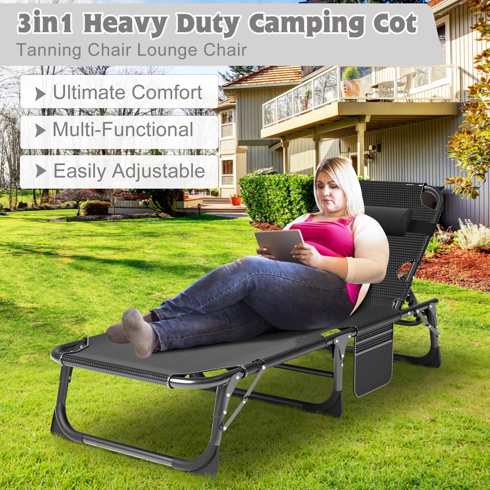 ABORON 5-Position Adjustable Camping Cot for Adults - Portable Folding Sleeping Cot & Outdoor Lounge Chair with Pillow - Perfect for Beach, Poolside, Lawn, Backyard, Camping & Sunbathing