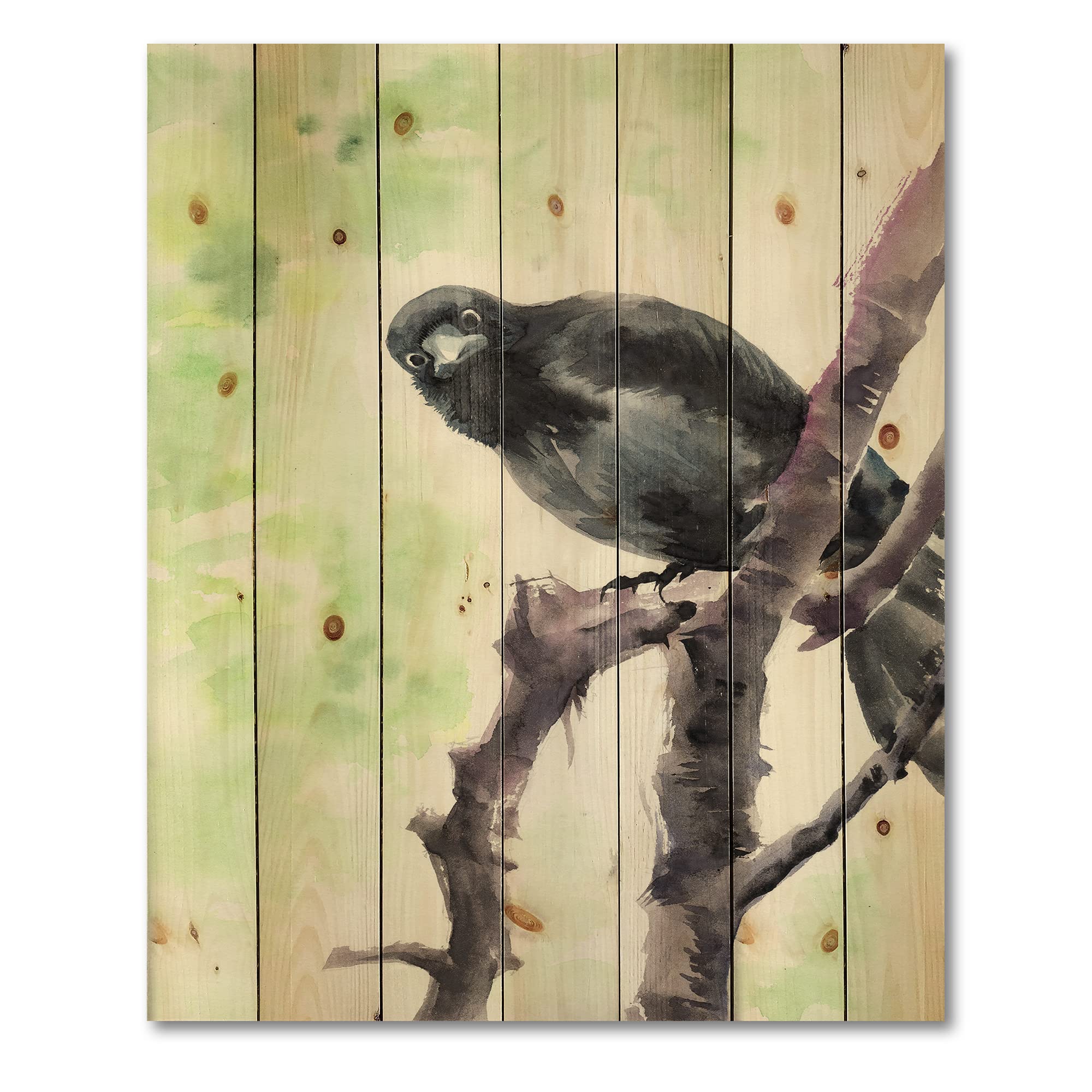 DesignQ Traditional Wood Wall Decor - Curious Crow on Branch Green Wood Art, Large Animal Wall Panel Printed on Natural Pine - Perfect for Living Room, Bedroom & Farmhouse Decor