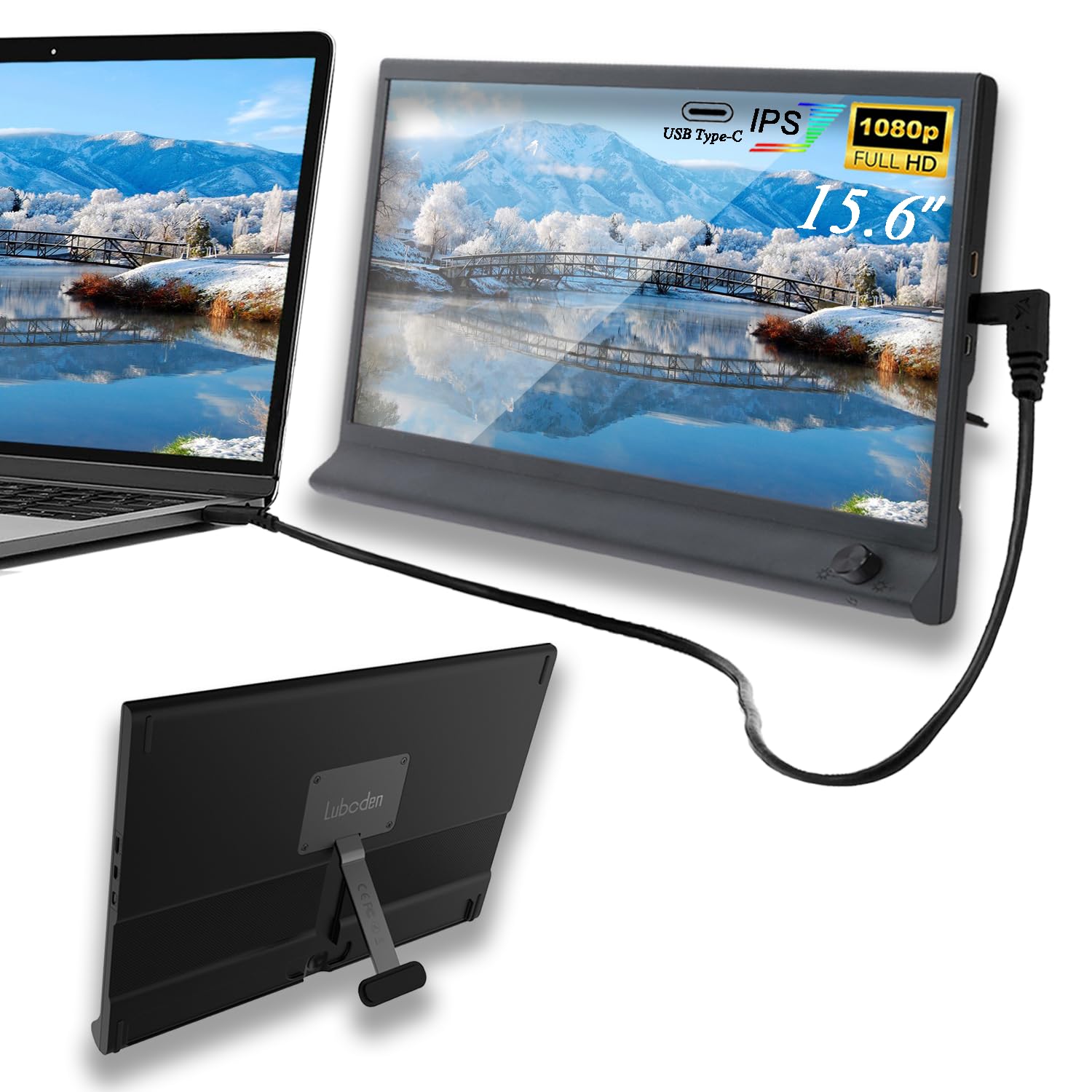 15.6 Inch Portable USB-C Monitor - 1080P FHD Laptop Screen Extender with Brightness Dial, Second Display for Mac, PC, Phone | Travel & Work from Home Setup