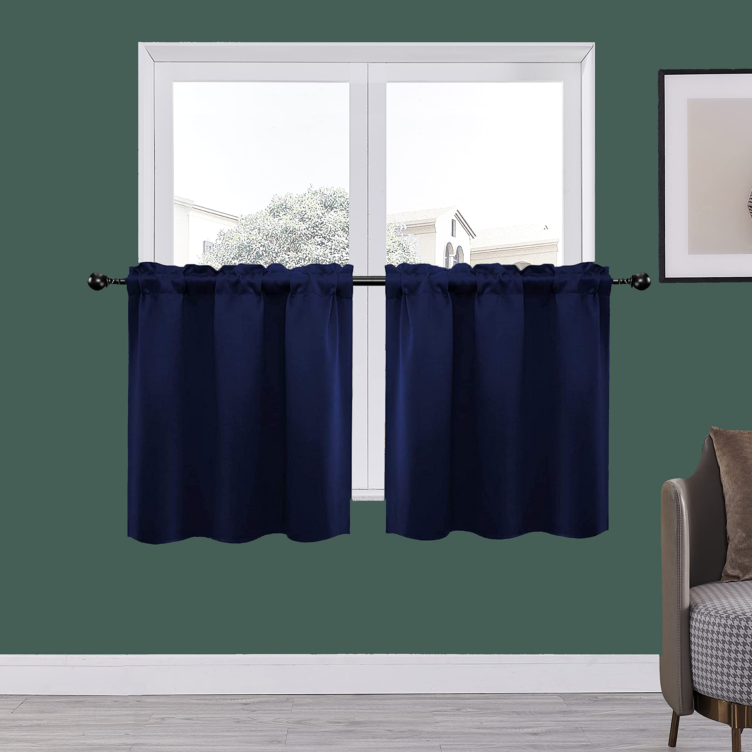 24 Inch Long Tier Curtains for Small Windows - Blackout Short Curtains with Rod Pocket | Half Window Treatment for Kitchen, Cabinet, Basement & RV | 2 Panels Navy Blue 30