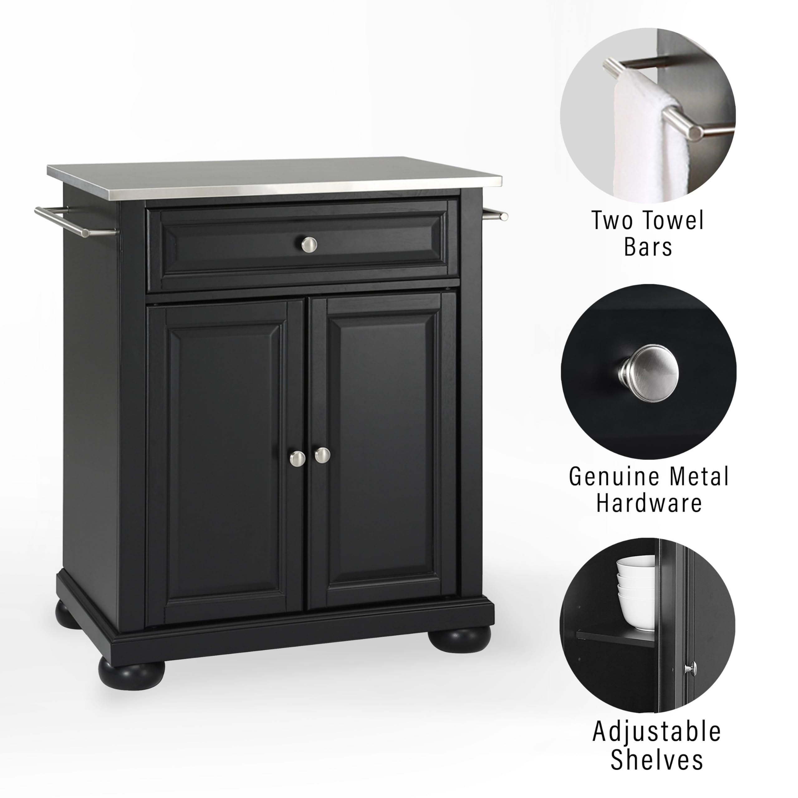 Crosley Alexandria Stainless Steel Top Rolling Kitchen Island Cart with Storage - Microwave Stand, Black - Perfect for Small Kitchens, Apartments & Dorm Rooms