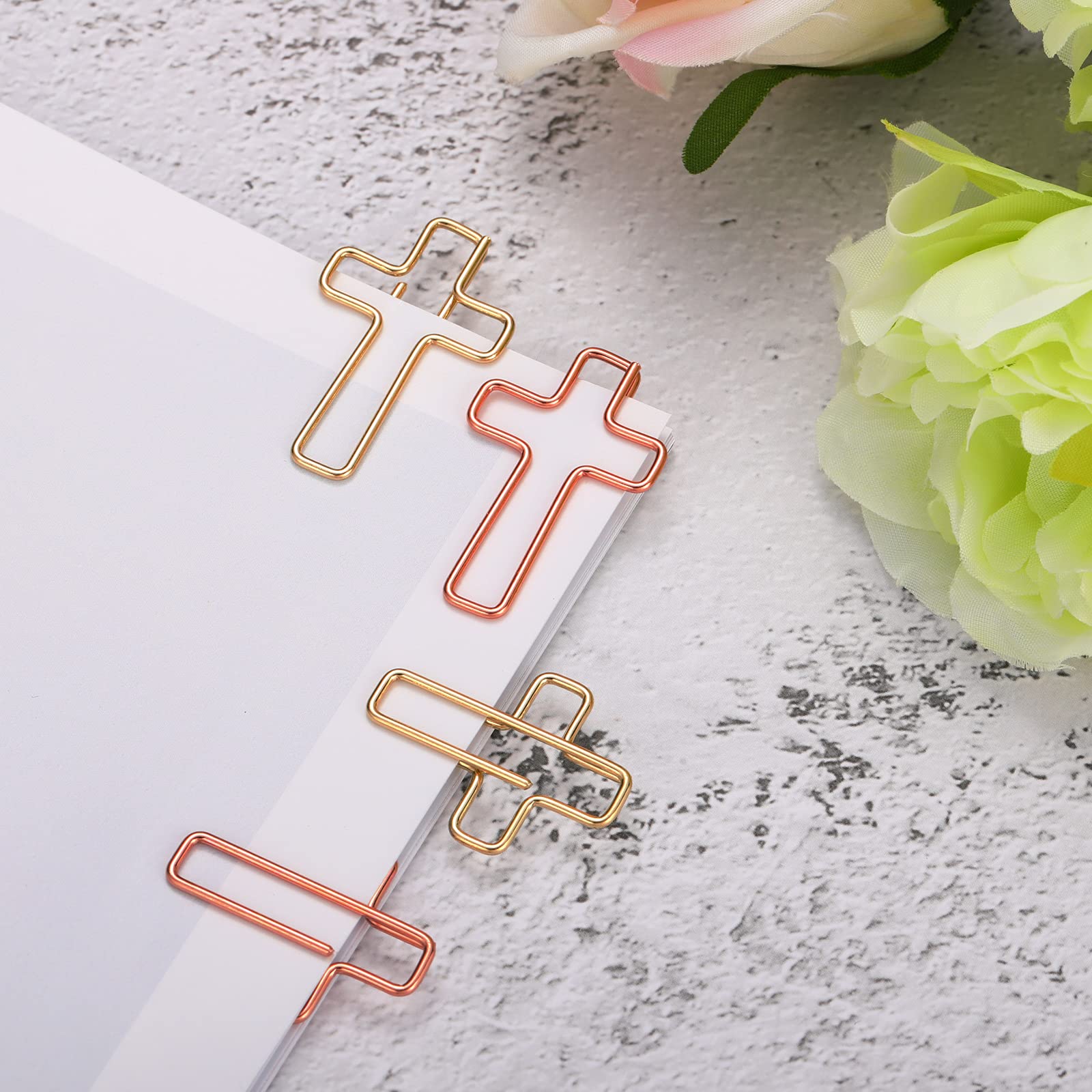 100-Piece Gold & Rose Gold Cross Paper Clips - Metal Office Supplies with Clear Storage Box for Document Organization, Journaling, Note Sorting | Perfect for Office, School, Home & Craft Projects