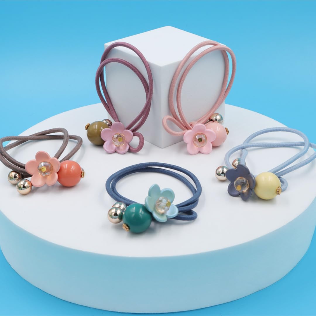 Myra Collection 5-Pack Colorful Flower Pearl Hair Ties - Strong Elastic Ponytail Holders for Women & Girls - Perfect for School, Work, and Everyday Styling