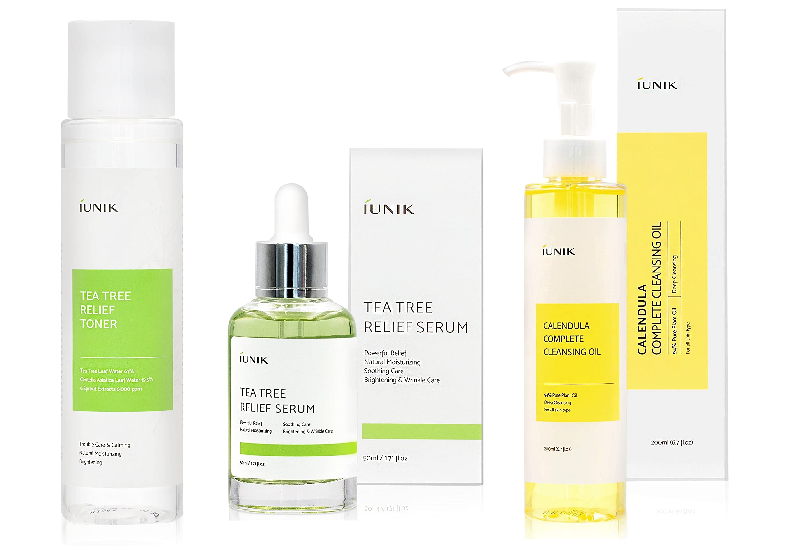 iUNIK Tea Tree Relief Face Toner 6.7 Fl Oz + Tea Tree Facial Serum 1.71 Fl Oz + Calendula Deep Cleansing Oil 6.7 Fl Oz - Korean Skincare Set for Acne, Oily & Sensitive Skin - Daily Hydration & Pore Care Routine
