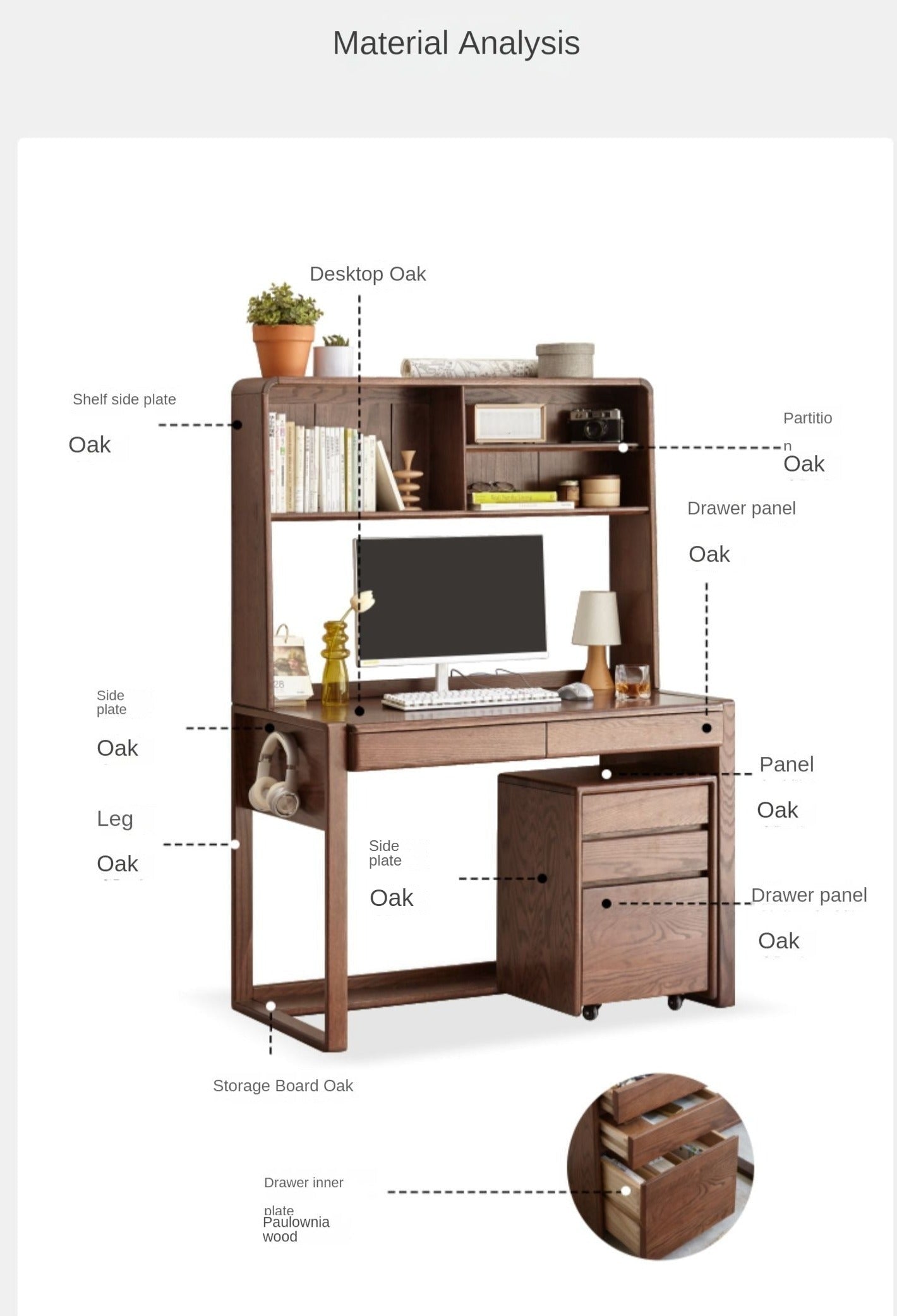 Solid Oak Wood Modern Combination Desk - Home Office Workstation for Study, Writing & Computer Use