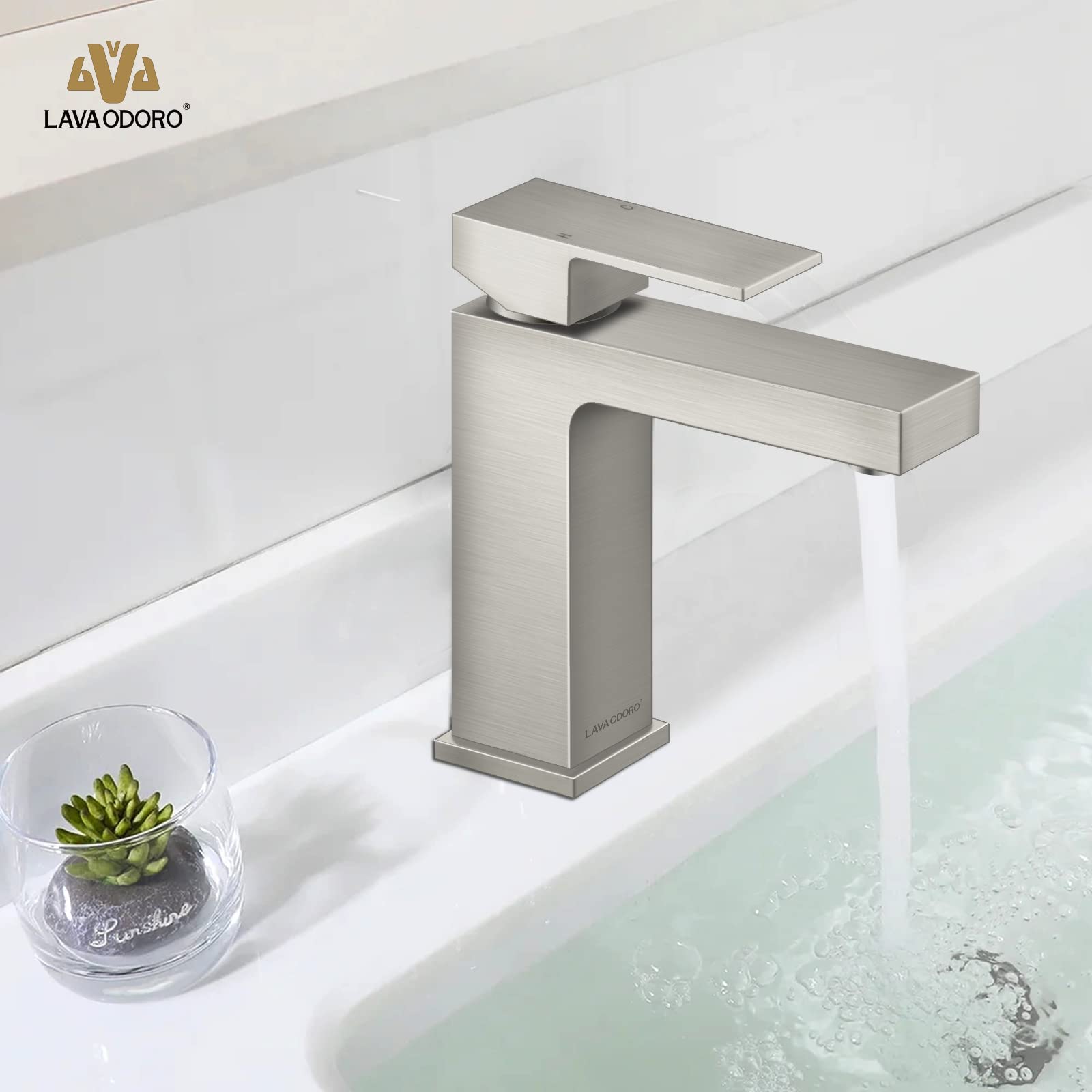 Lava Odoro Brushed Nickel Single Hole Bathroom Faucet - Brass Vanity Sink Faucet with Single Handle & Pop-Up Drain Assembly (Includes Deck Plate) - Perfect for Modern Bathrooms & Powder Rooms - BF307-BN