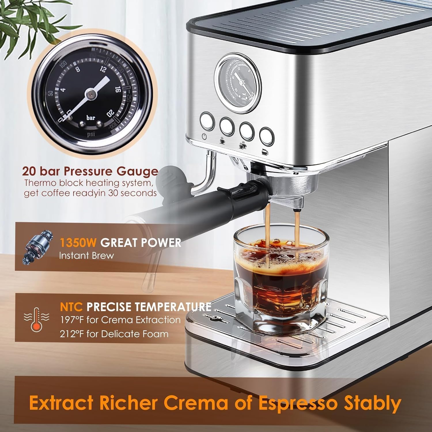 20 Bar Stainless Steel Espresso Coffee Machine with Milk Frother & Steam Wand - Professional Barista Quality Home Espresso Maker for Latte, Cappuccino & Americano - Perfect for Kitchen, Office & Coffee Shop Use