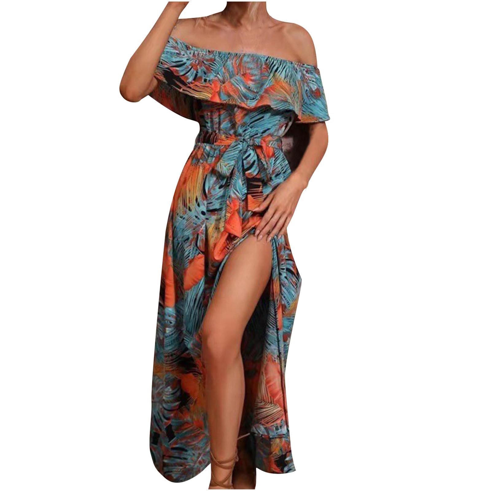 Women's Summer Flowy Wrap Maxi Dress - Casual Boho Floral Print Short Sleeve with Ruffle Split Hem | Perfect for Beach Vacations, Date Nights & Summer Parties