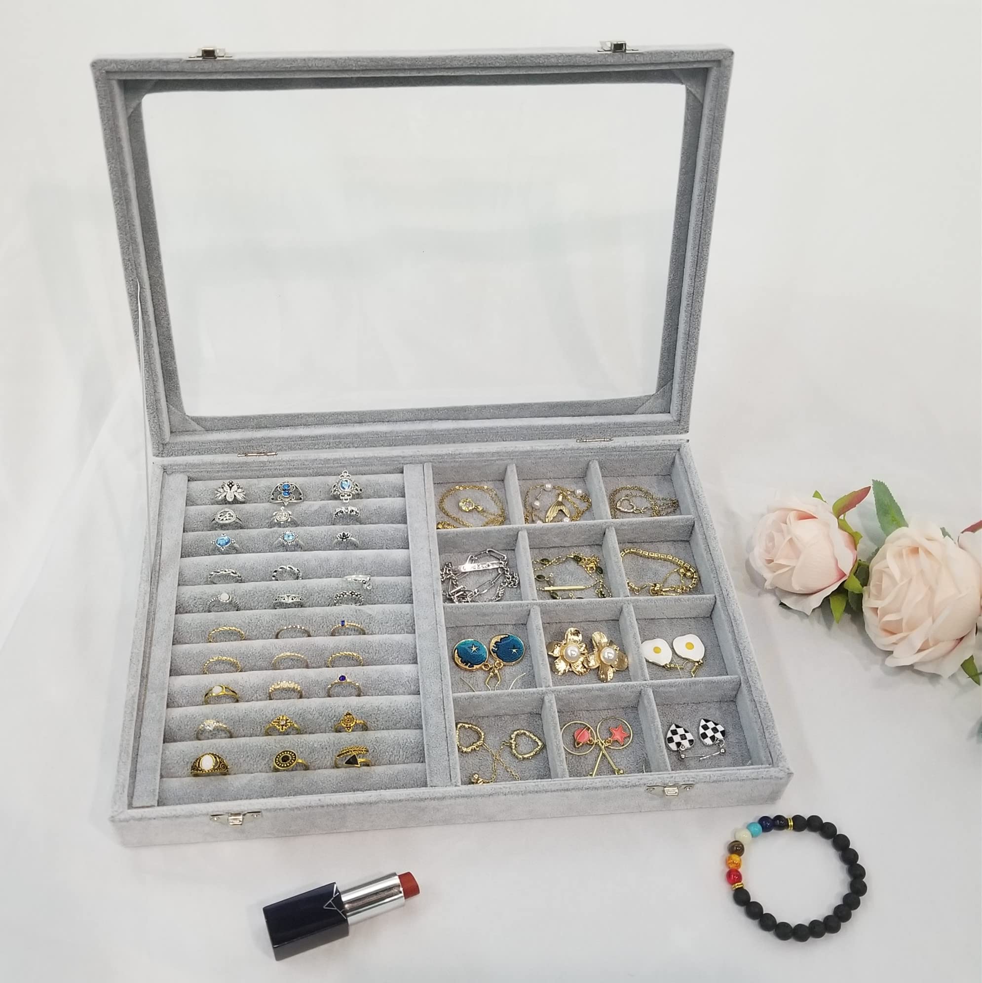 12 Grid Ice Velvet Jewelry Organizer Box with Clear Locking Lid - Ring Tray Display Case for Earrings, Necklaces & Bracelets - Perfect for Travel, Home Storage & Retail Showcase (Grey)