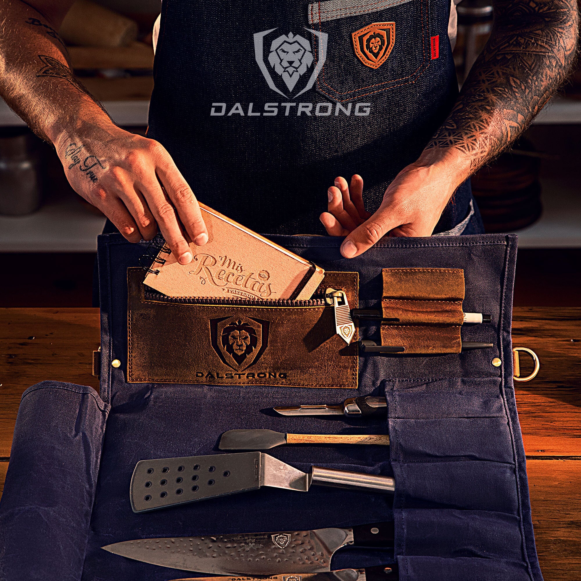 12oz Heavy Duty Canvas & Leather Knife Roll - Blue | Dalstrong Professional Chef Knife Storage | Perfect for Travel, Camping & Kitchen Organization
