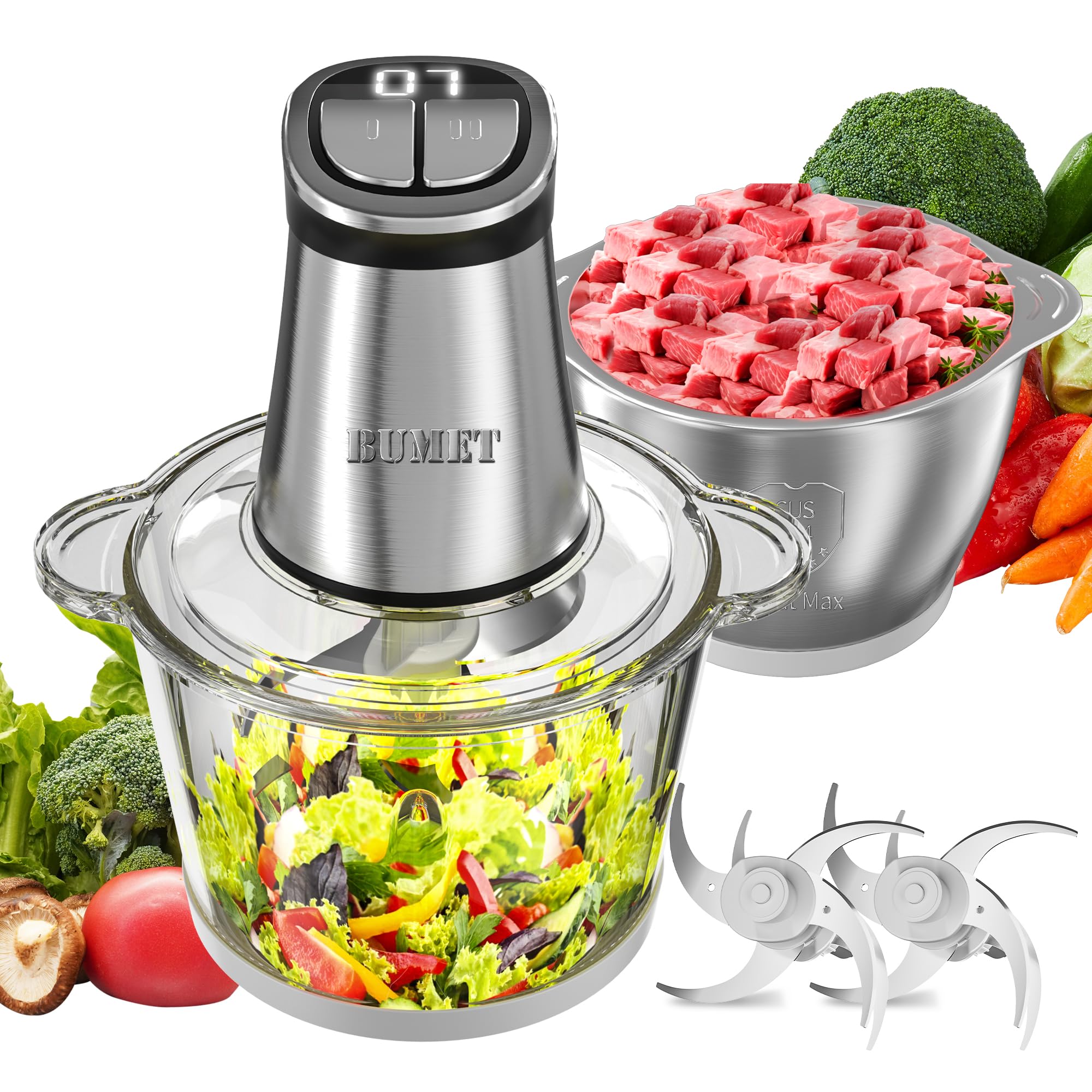 800W Electric Food Processor & Meat Grinder - 2x12 Cups Capacity with LED Timer, 6 Blades & 3 Layers - Perfect for Mincing, Pureeing Vegetables - Ideal for Home Kitchen, Pet Food & Baby Food Preparation by BUMET | Great for Meal Prep, Smoothies & Healthy Cooking