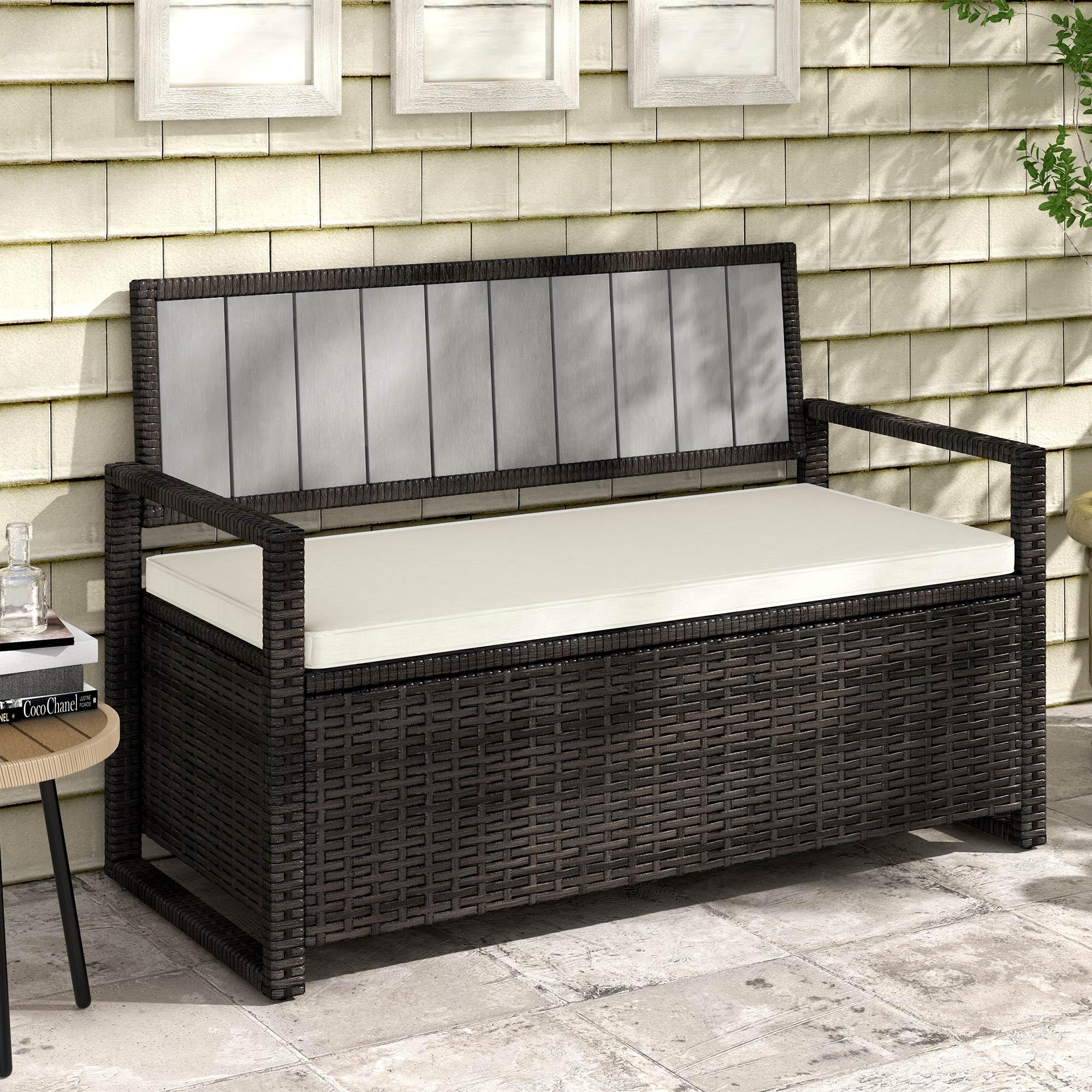 DWVO 70 Gallon Outdoor Storage Bench - Weather-Resistant Deck Box with Cushion Seating, Wicker Patio Furniture for Garden, Poolside & Backyard - Perfect for Storing Cushions, Toys & Outdoor Gear (Brown)