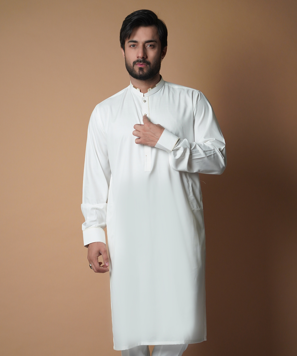 Elegant Classic Ivory Kurta & Pyjama Set with Gold Embellishments for Men - Perfect for Festivals, Weddings & Special Occasions