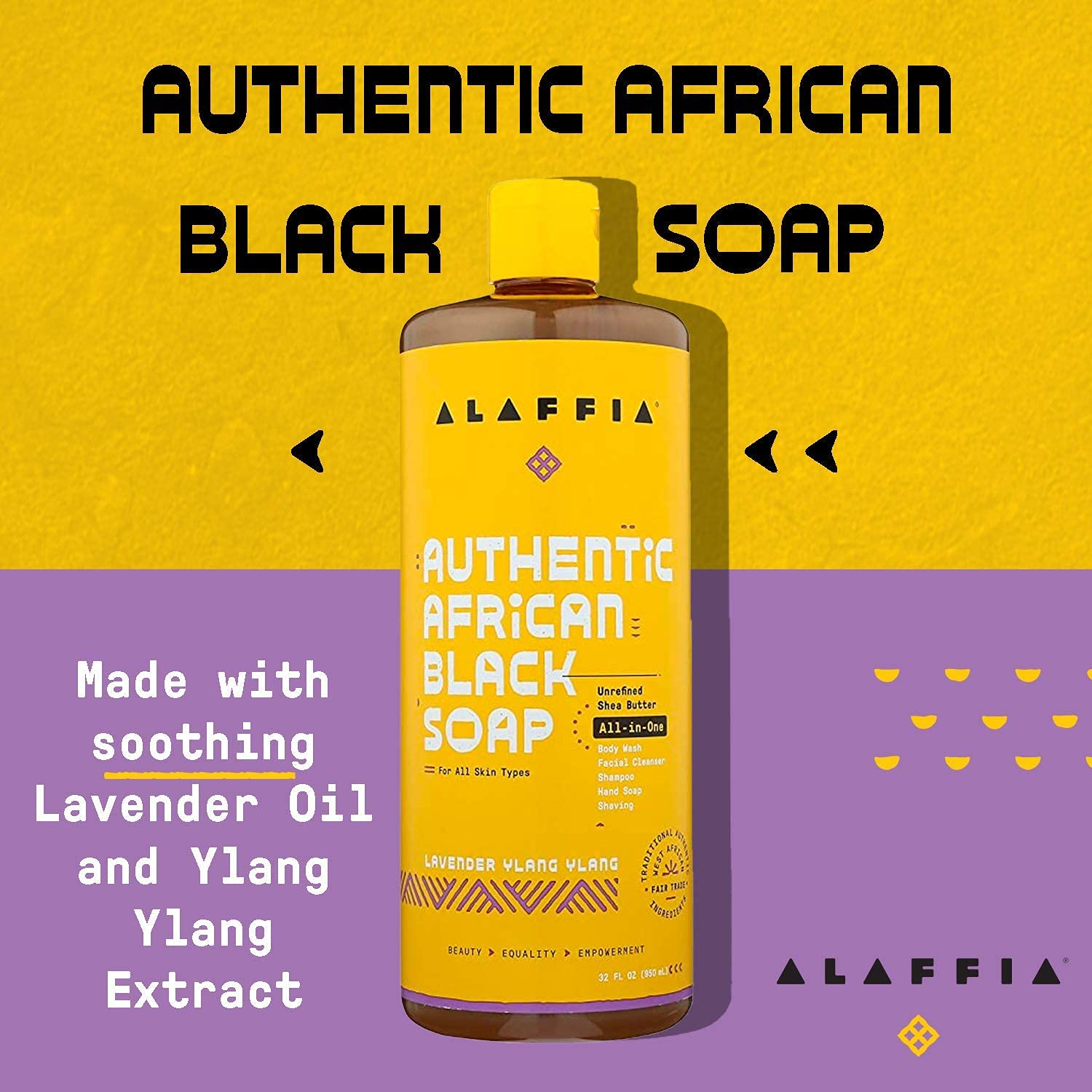 Alaffia Authentic African Black Soap - All-in-One Body Wash, Face Wash, Shampoo & Shaving Bar with Fair Trade Shea Butter, Lavender & Ylang Ylang - 32 Fl Oz - Natural Skin & Hair Care for Daily Cleansing & Moisturizing