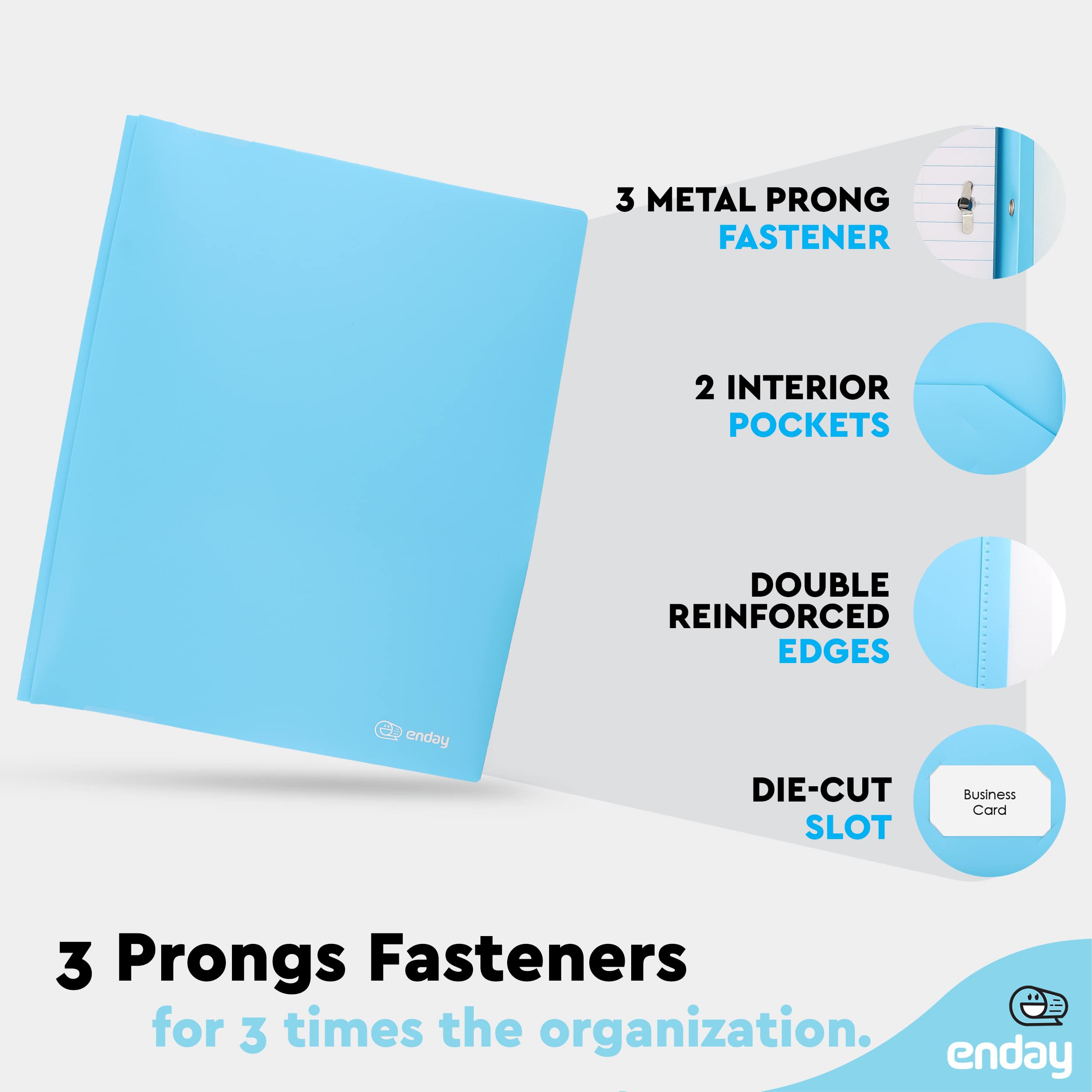 Enday 6-Pack Blue Plastic 3-Prong Folders with Pockets - Letter Size 2-Pocket Folders with Brads for School, Office & Home Organization (Also in Purple, Green, Red, Pink, Grey) - Perfect for Filing Documents, Homework & Paper Storage