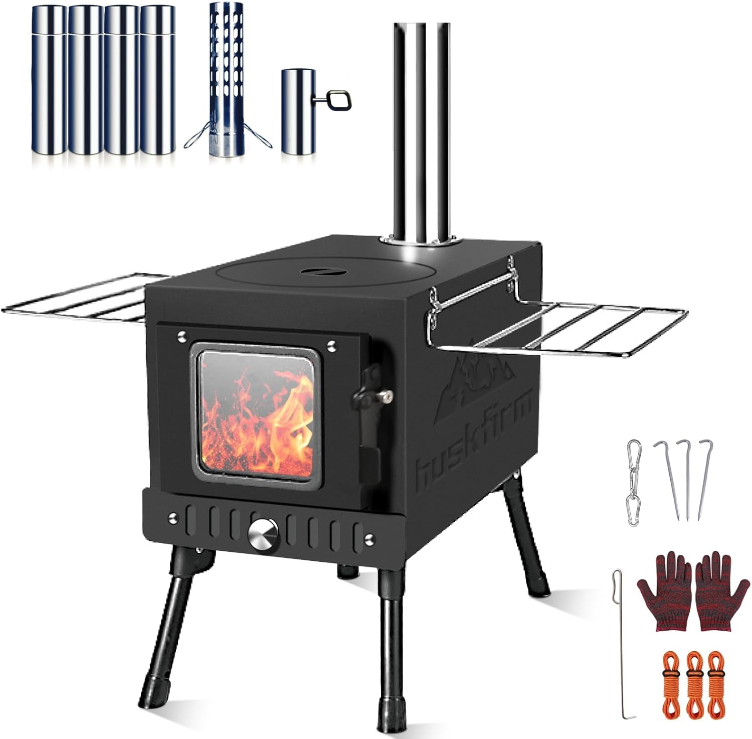 Portable Folding Wood Burning Camping Stove with Chimney Pipe & Spark Arrestor - Lightweight Outdoor Cooking Stove for Backpacking, Hiking, Emergency Survival & Tent Heating