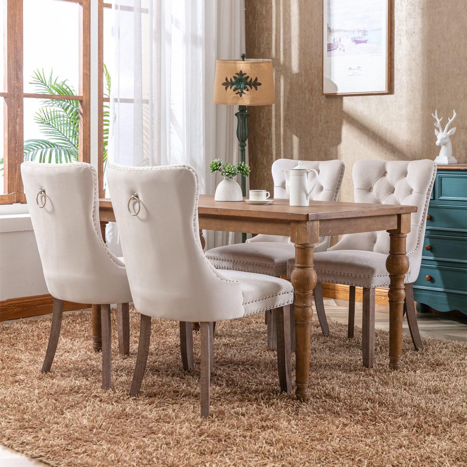 Luxury Velvet Upholstered Dining Chairs - Contemporary Button Tufted Design with Nailhead Trim & Wood Legs - Elegant Kitchen & Dining Room Furniture Set of 2 (Beige) - Perfect for Formal Dining, Entertaining Guests & Modern Home Decor