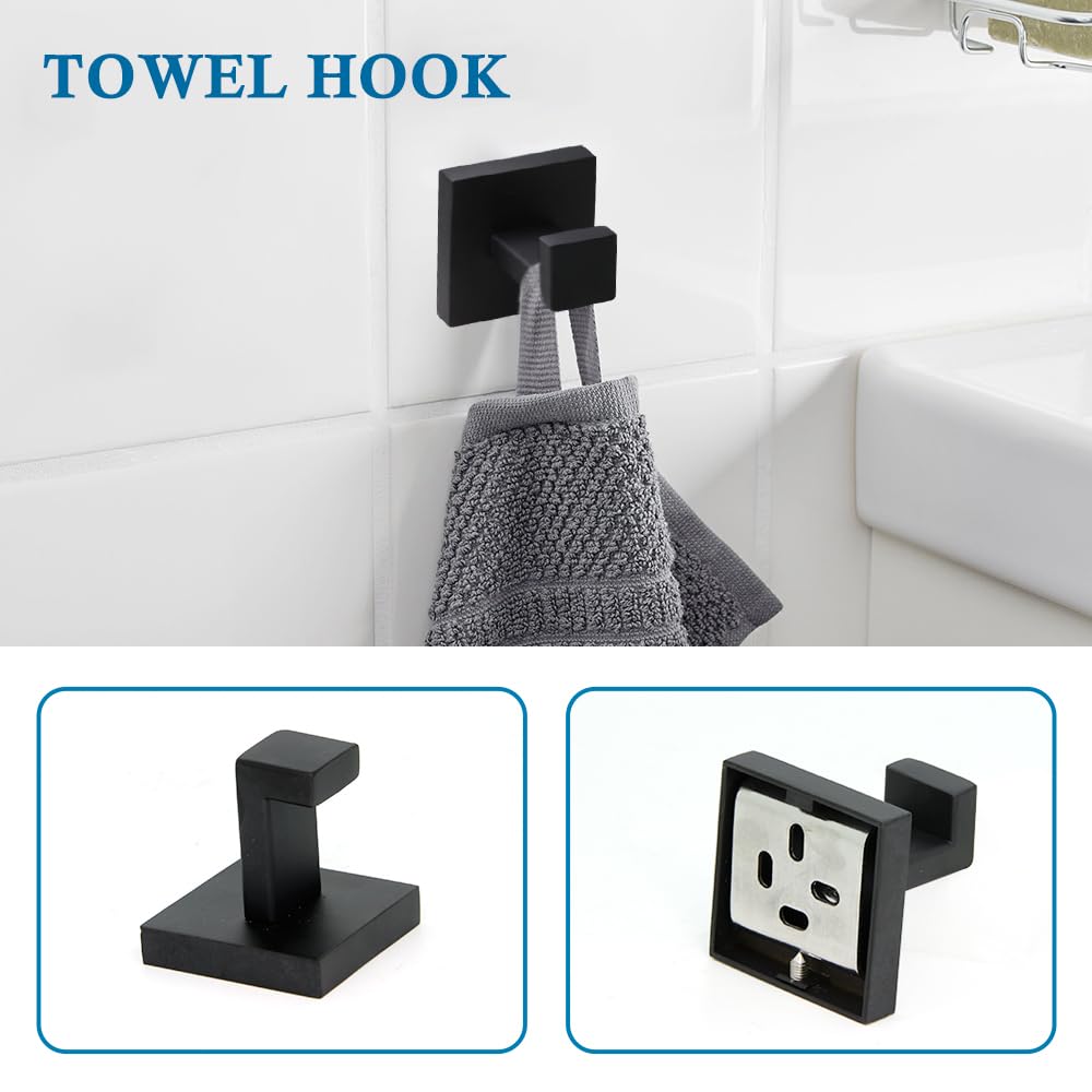 4-Piece Matte Black Bathroom Hardware Set - 16 Inch Towel Bar, Holder, Toilet Paper Stand & Hook - Modern Bath Accessories Kit for Home & Hotel Decor