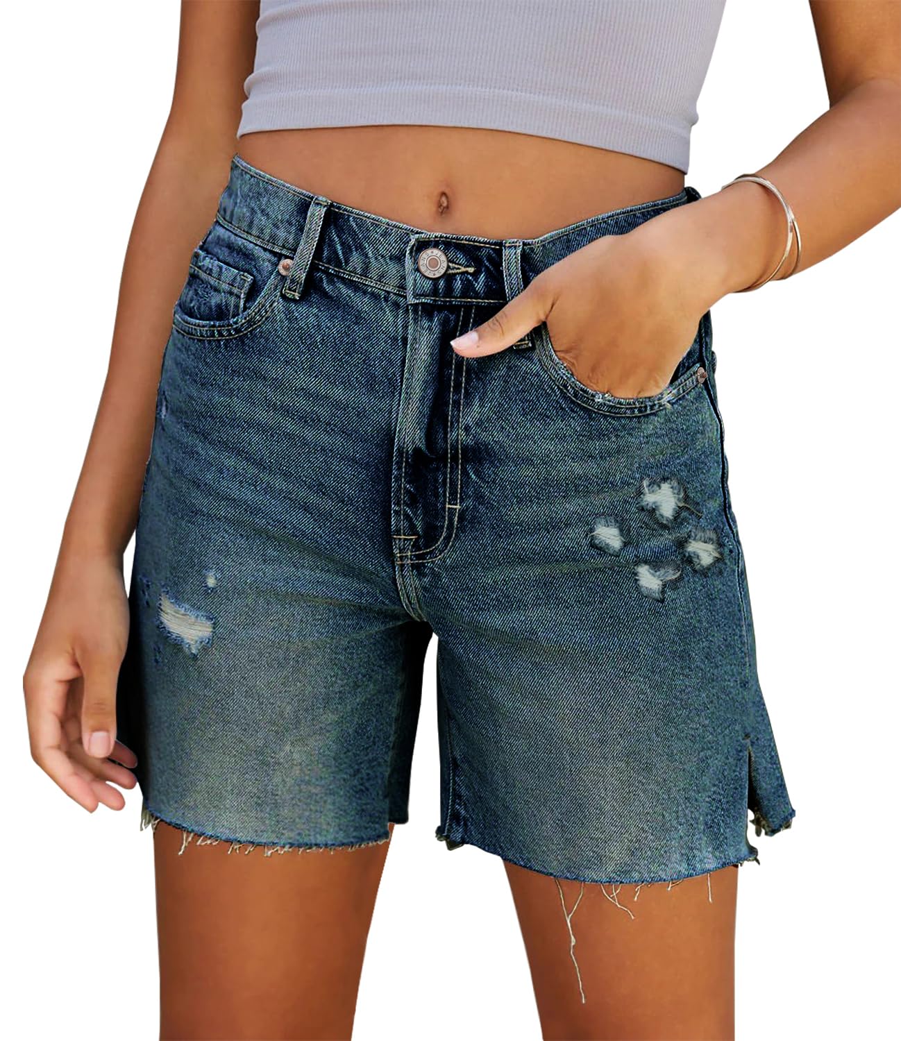 CHICZONE Women's Bermuda Jean Shorts - Stretchy Mid Waist Denim Shorts with Pockets | Comfortable Casual Summer Outfit for Beach, Shopping & Daily Wear