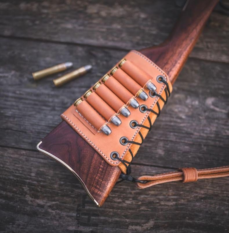 Premium Leather Rifle Butt Cuff Ammo Carrier - 6 Loop Design for 45-70 Cartridges - Natural Oil Finish - Perfect for Hunting, Shooting Range & Outdoor Adventures - Diamond D Leather