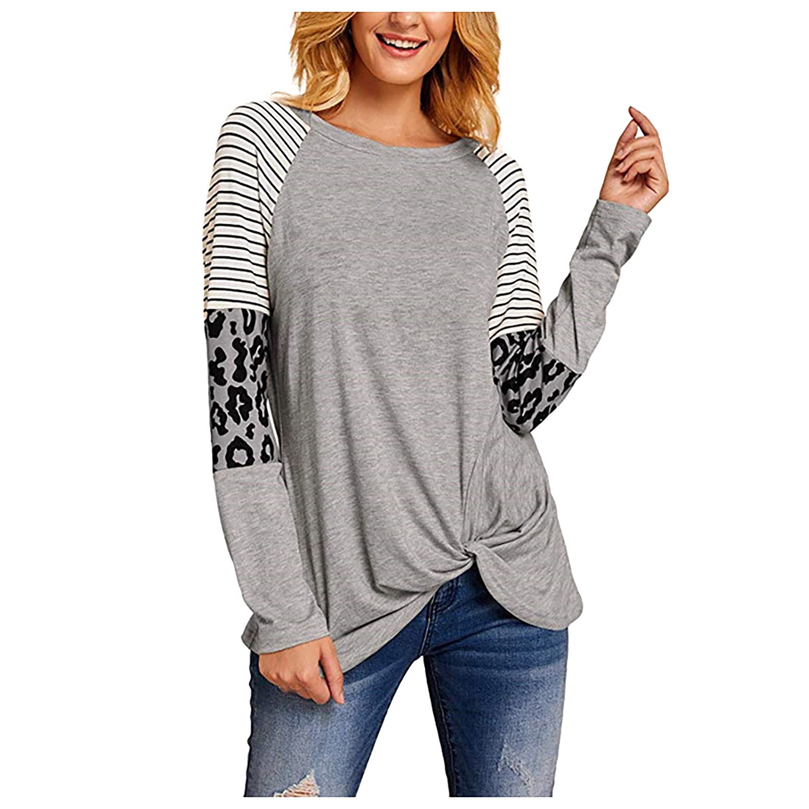 Women's Leopard Print Long Sleeve T-Shirt - Loose Fit Striped Casual Top with Raglan Sleeves & Round Neck | Trendy Fall Blouse for Going Out, Parties, and Everyday Wear