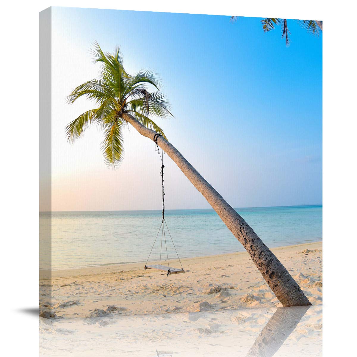 Tropical Ocean Beach Palm Tree Canvas Wall Art - Framed & Stretched Summer Coastal Painting (24x24 Inch) | Blue Sky Palm Swing Decor for Living Room, Bedroom, Office & Bathroom | Perfect for Beach House, Vacation Home & Coastal Theme Interior Design