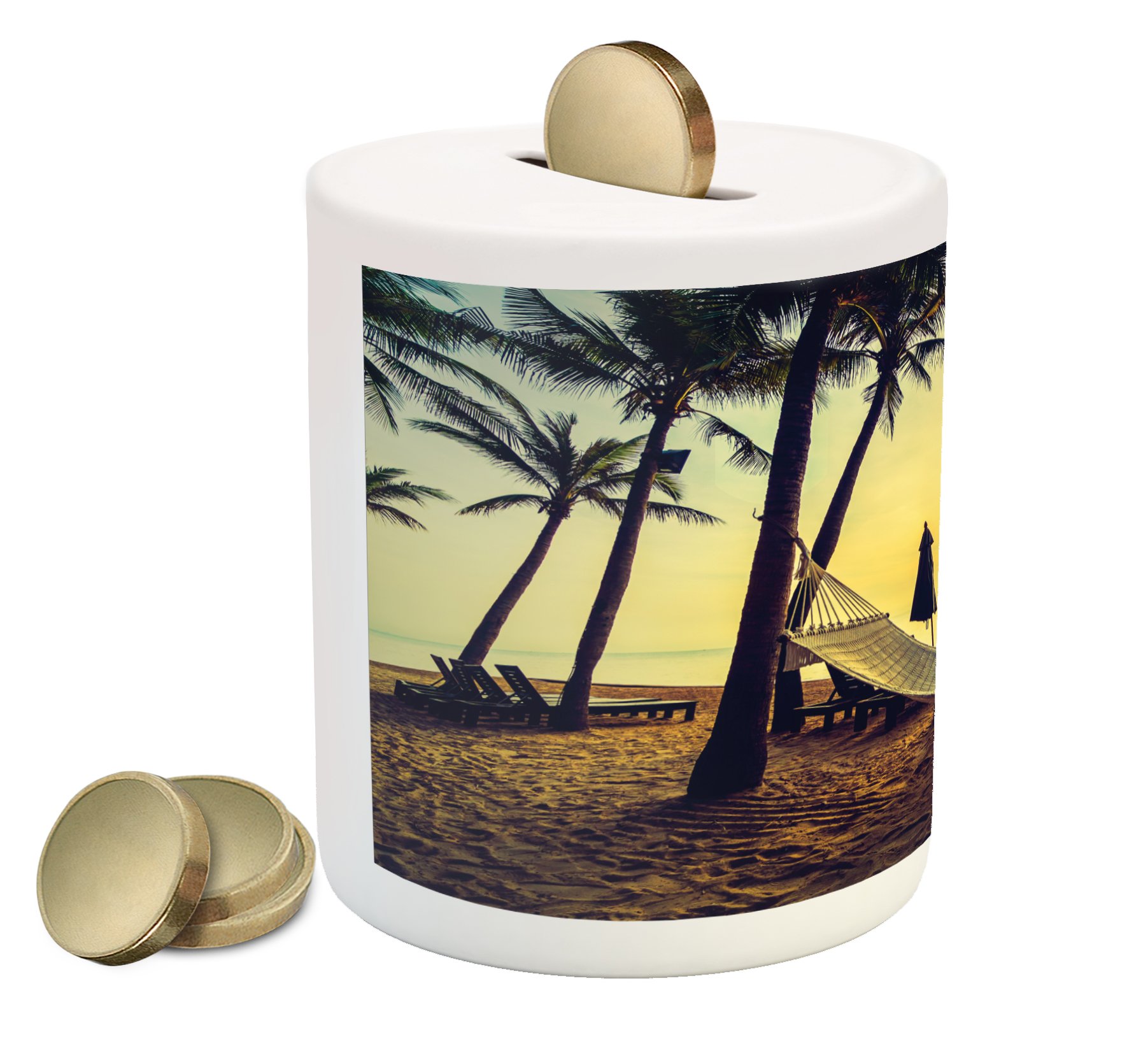 Ambesonne Ceramic Piggy Bank - Exotic Beach Hammock & Coconut Palm Tree Print, Money Saving Coin Bank for Cash & Coins | Perfect Gift for Kids, Teens & Beach Lovers - Home Decor, Bedroom, Office Savings Jar