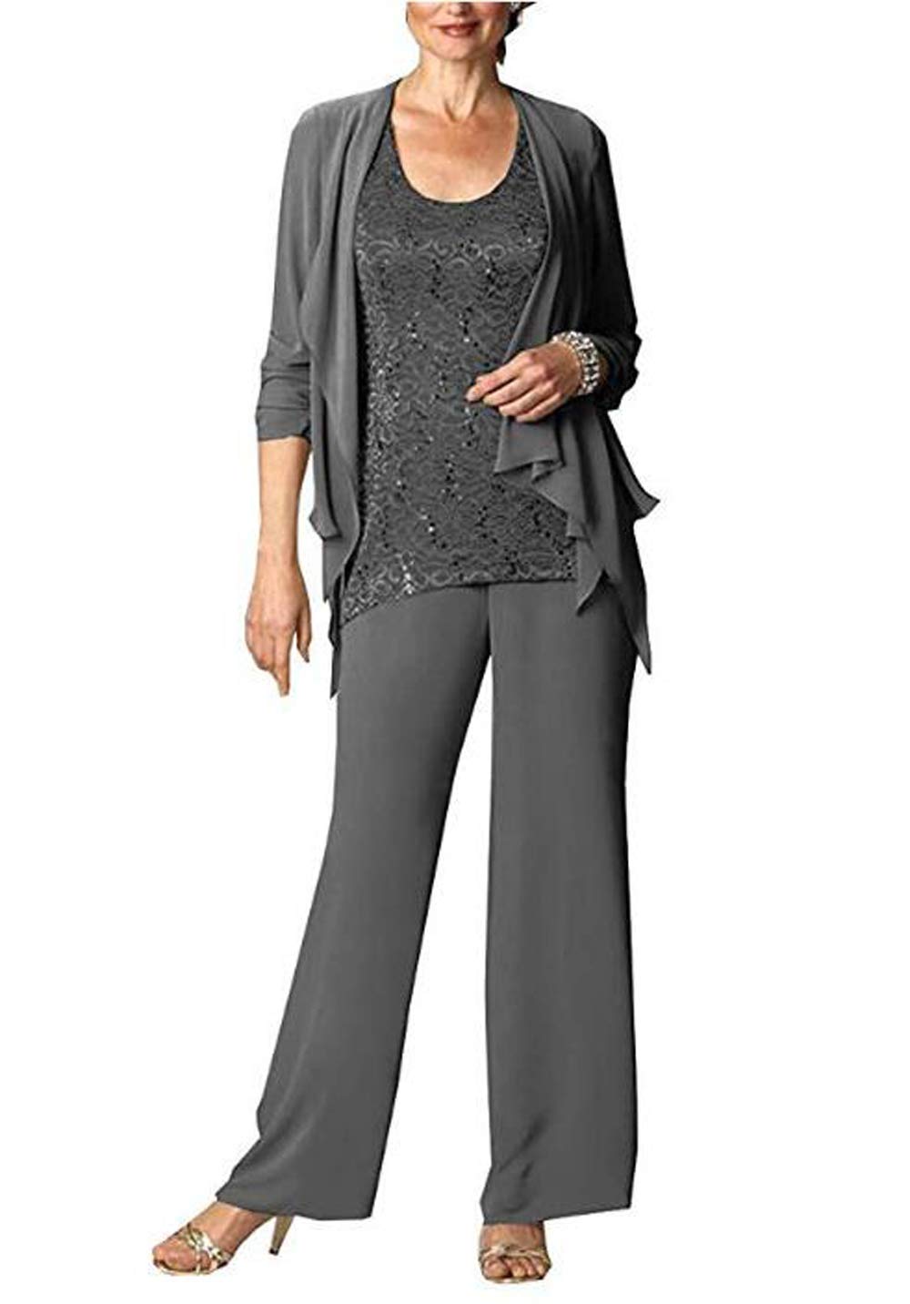 Elegant Women's 3-Piece Chiffon Pant Suit with Lace Top - Mother of The Bride Outfit for Weddings, Formal Events & Special Occasions