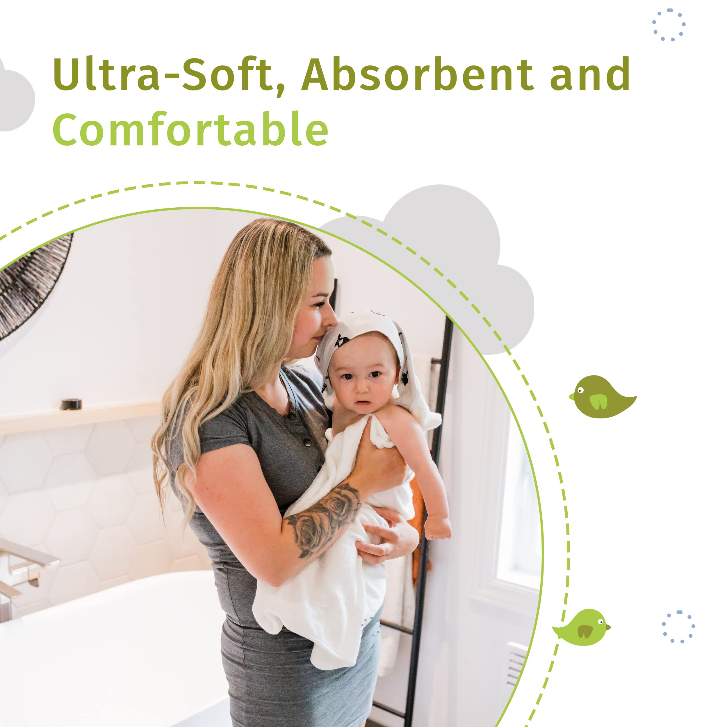 Soft Bamboo Hooded Baby Towel - Ultra Absorbent Terry Bath Towel for Newborns & Toddlers (White with Rabbit Design) - Perfect for Post-Bath Snuggles, Swimming & Spa Time