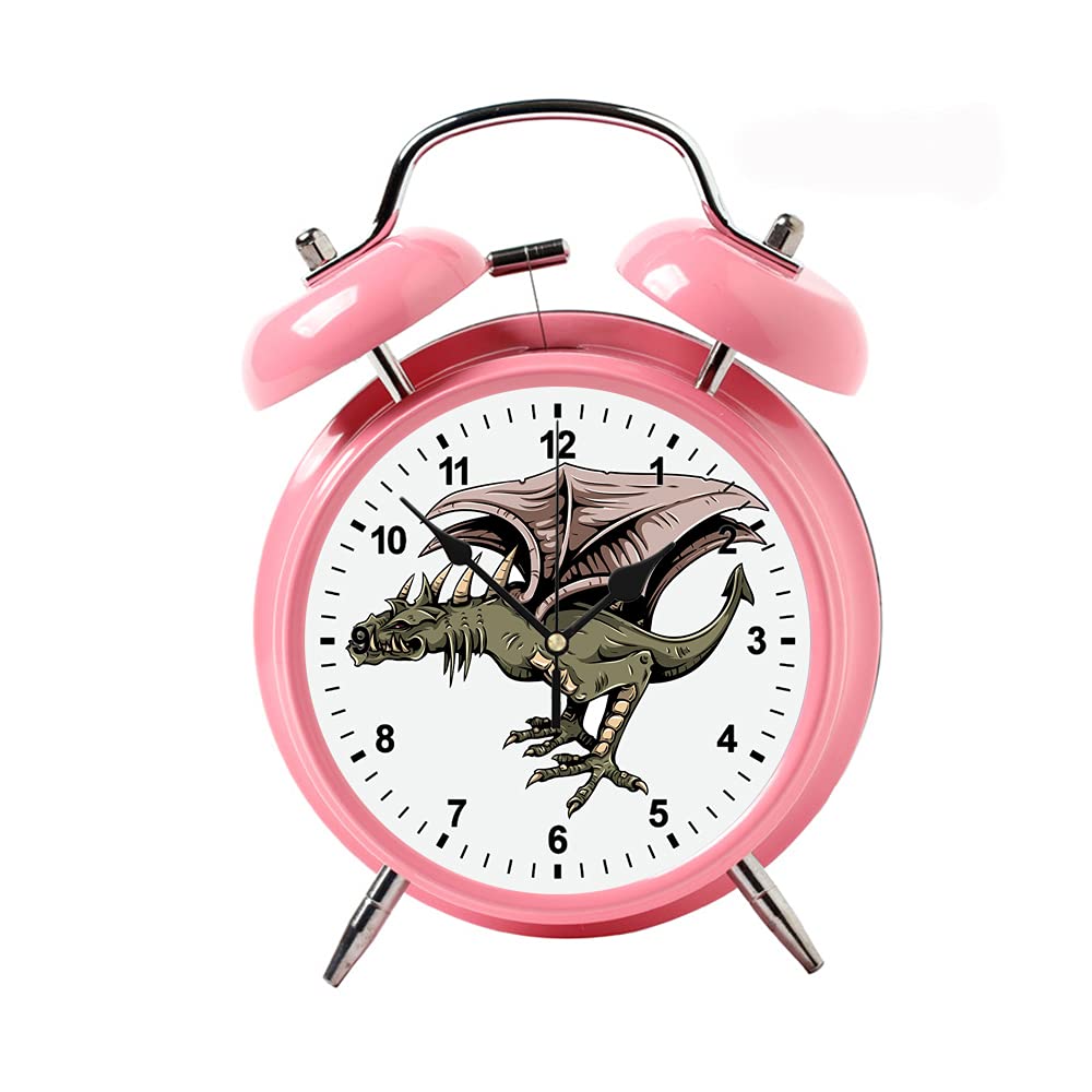 **Pink Double Bell Metal Alarm Clock - Silent Analog Desk Clock with Night Light & Dragon Design for Home, Office, Bedroom (Great for Kids, Teens & Adults)**