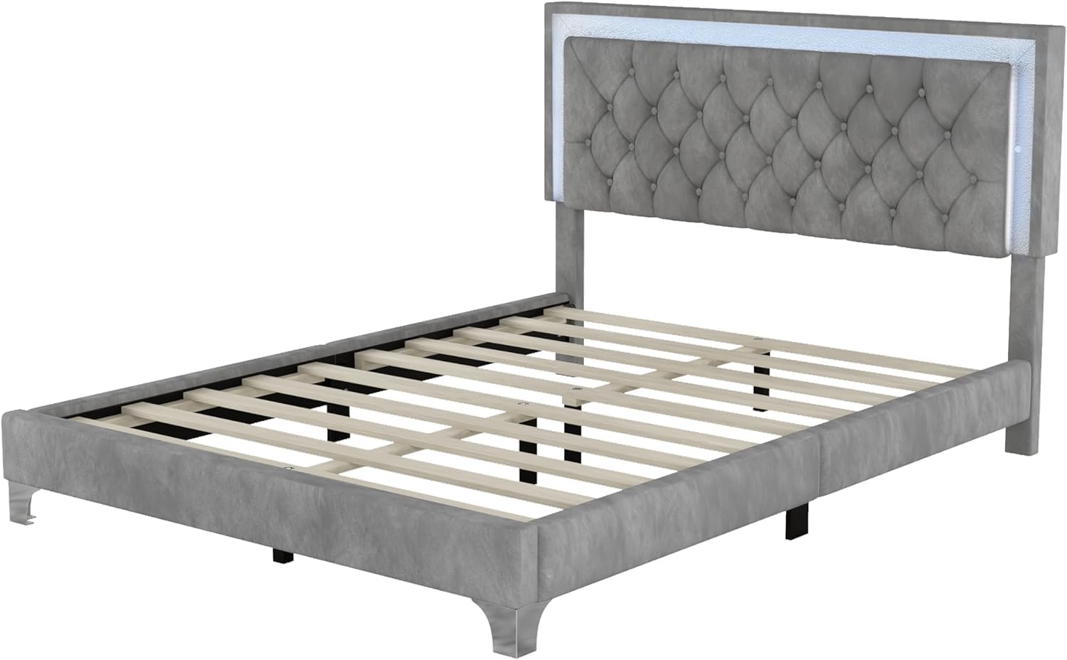 Linique 3-Piece Queen Size Bedroom Set - Velvet Upholstered Platform Bed Frame with LED Lights & Nightstands, Wooden Bed with Button Tufted Headboard in Grey | Modern LED Bedroom Furniture for Master Bedroom, Guest Room & Apartment Decor