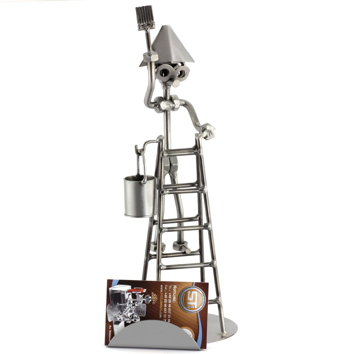 Handmade Metal Nuts and Bolts Sculpture - Personalized Engraved Painter Figurine with Business Card Holder | Unique German-Made Office Desk Decor & Gift for Artists