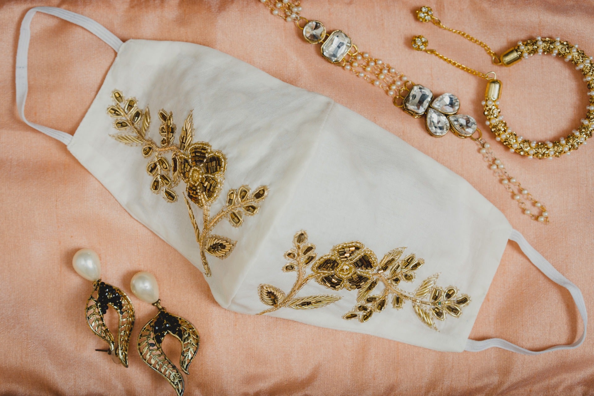 Floral Embroidered Cotton Face Mask - Soft & Breathable Cream Fabric for Daily Wear, Travel & Outdoor Activities
