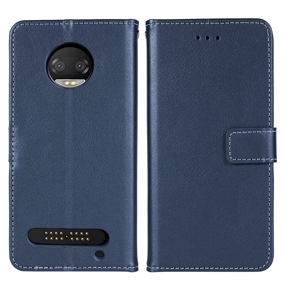 Premium Leather Flip Wallet Case with Card Holder & Wrist Strap for Moto Z2 Force - Compatible with Motorola MotoZ2Force Droid MotoZ2 Z2Force Z2 2Z (Blue) | Protective Phone Cover with Stand Feature for Daily Use & Travel