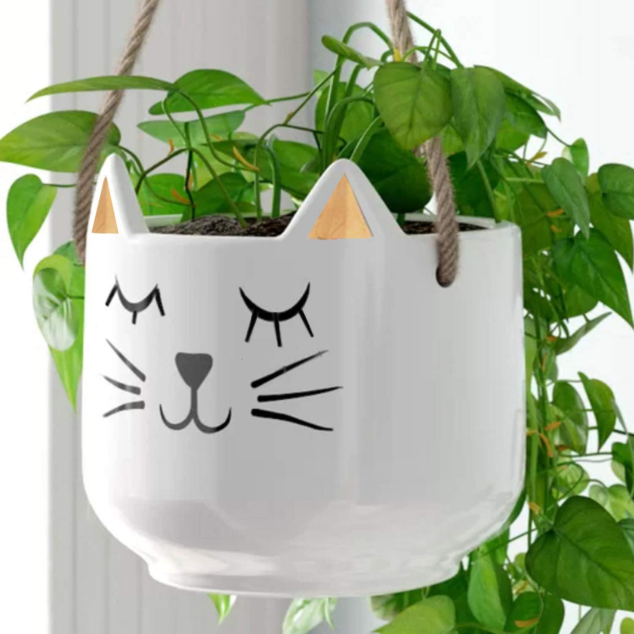 Ceramic Succulent Planter Pot - White Cat with Gold Ears Hanging Indoor Plant Pot for Home, Office, Garden Decor - Perfect for Small Plants, Herbs, and Air Plants (Set of 2)