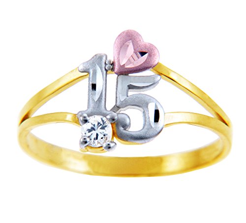 14K Tri-Tone Gold Quinceañera Ring with Rose Gold Heart & Solitaire CZ Stone - Elegant Sweet 15 Birthday Gift for Girls, Perfect for Quinceañera Celebrations & Special Occasions