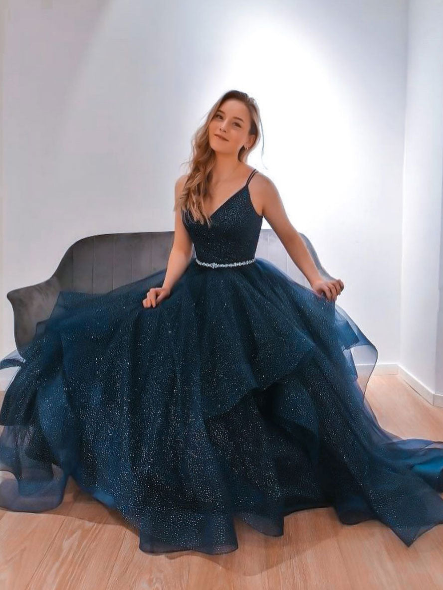 Elegant Blue V-Neck Tulle Sequin Long Prom Dress for Women - Perfect for Formal Dances, Evening Gala & Special Occasions
