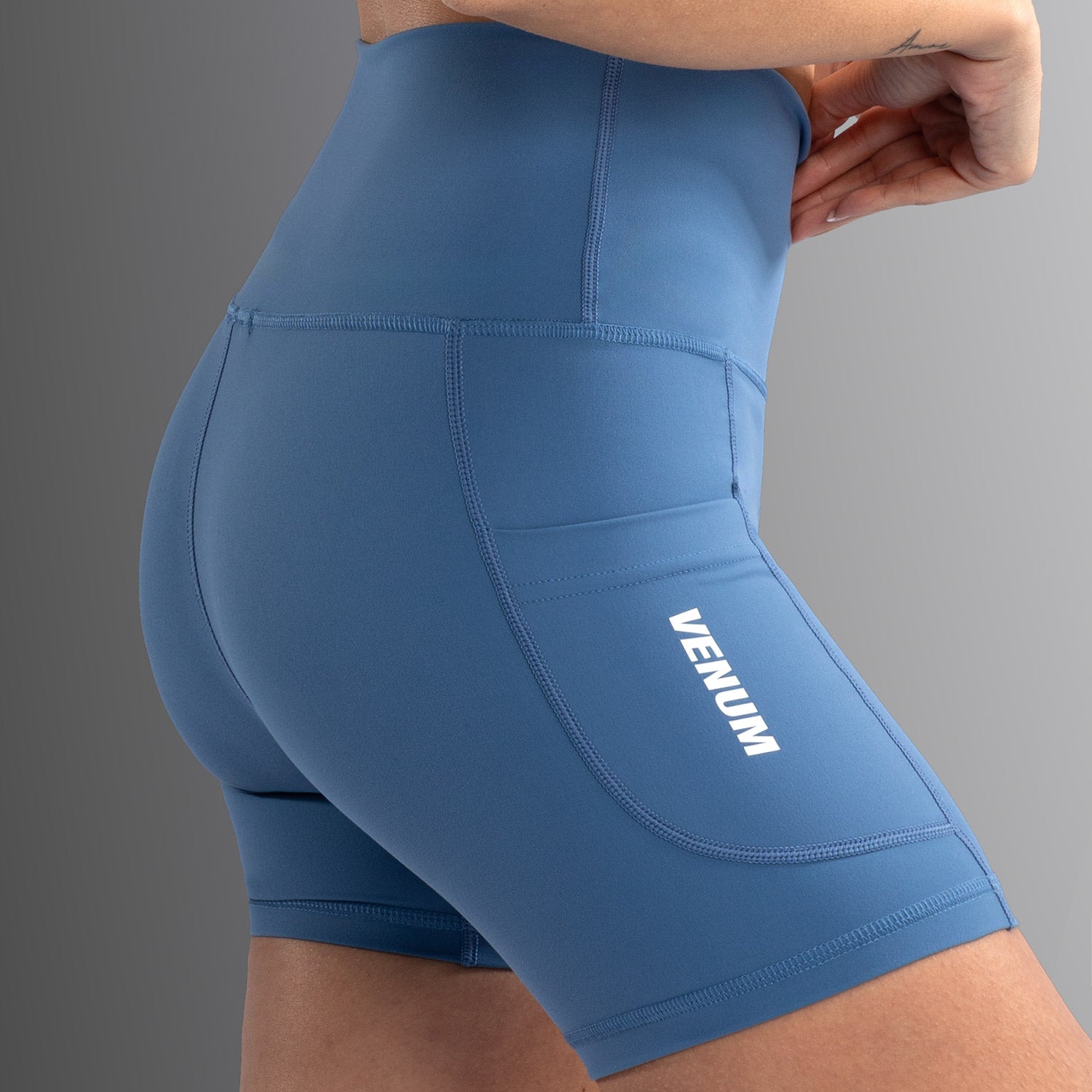 Venum Essential Women's Bike Shorts - High Waist Workout Shorts for Cycling, Yoga & Gym - Breathable & Stretchy Storm Blue Activewear - Perfect for Fitness, Running & Sports