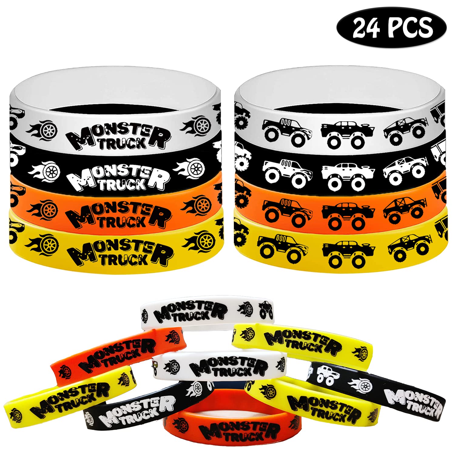 24PCS Monster Truck Rubber Silicone Wristbands for Kids Party Favors - Bulk Pack of Durable Silicone Bracelets for Birthday Decorations, Carnival Prizes & School Events