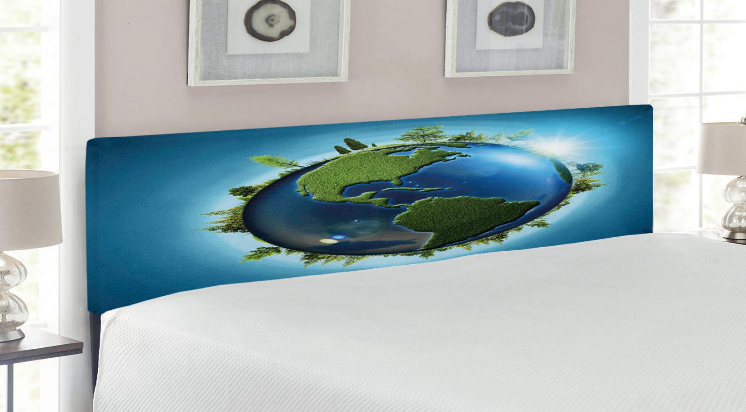Ambesonne Earth Headboard - King Size Upholstered Decorative Metal Bed Headboard with Memory Foam | Blue Green Pale Blue Planet Design with Seas & Forest Continents | Perfect for Nature-Themed Bedrooms & Home Decor