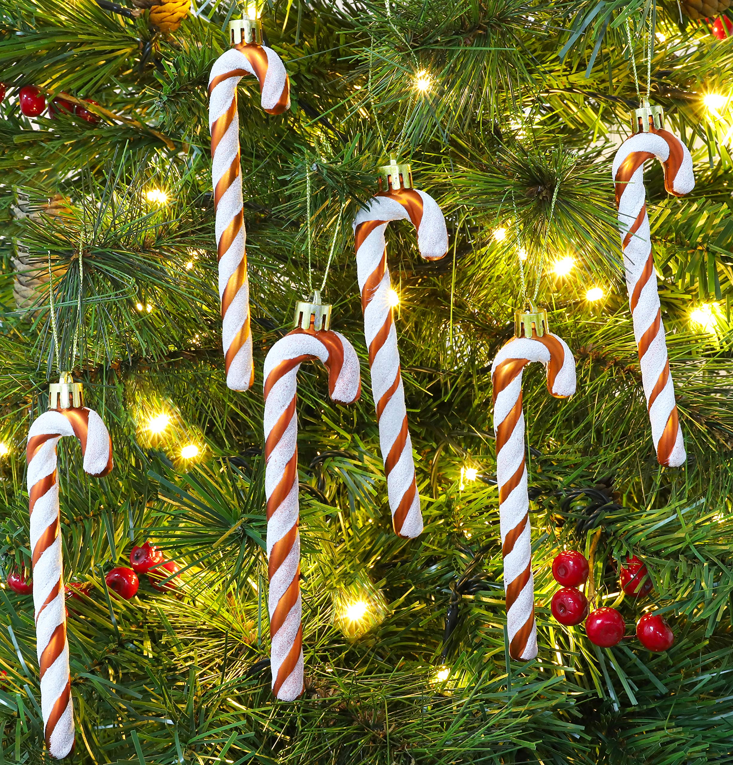 Christmas Tree Decorations - Pack of 6 Glitter Candy Cane Ornaments (13cm, Copper & White) for Holiday Home Decor, Xmas Party & Gift Giving