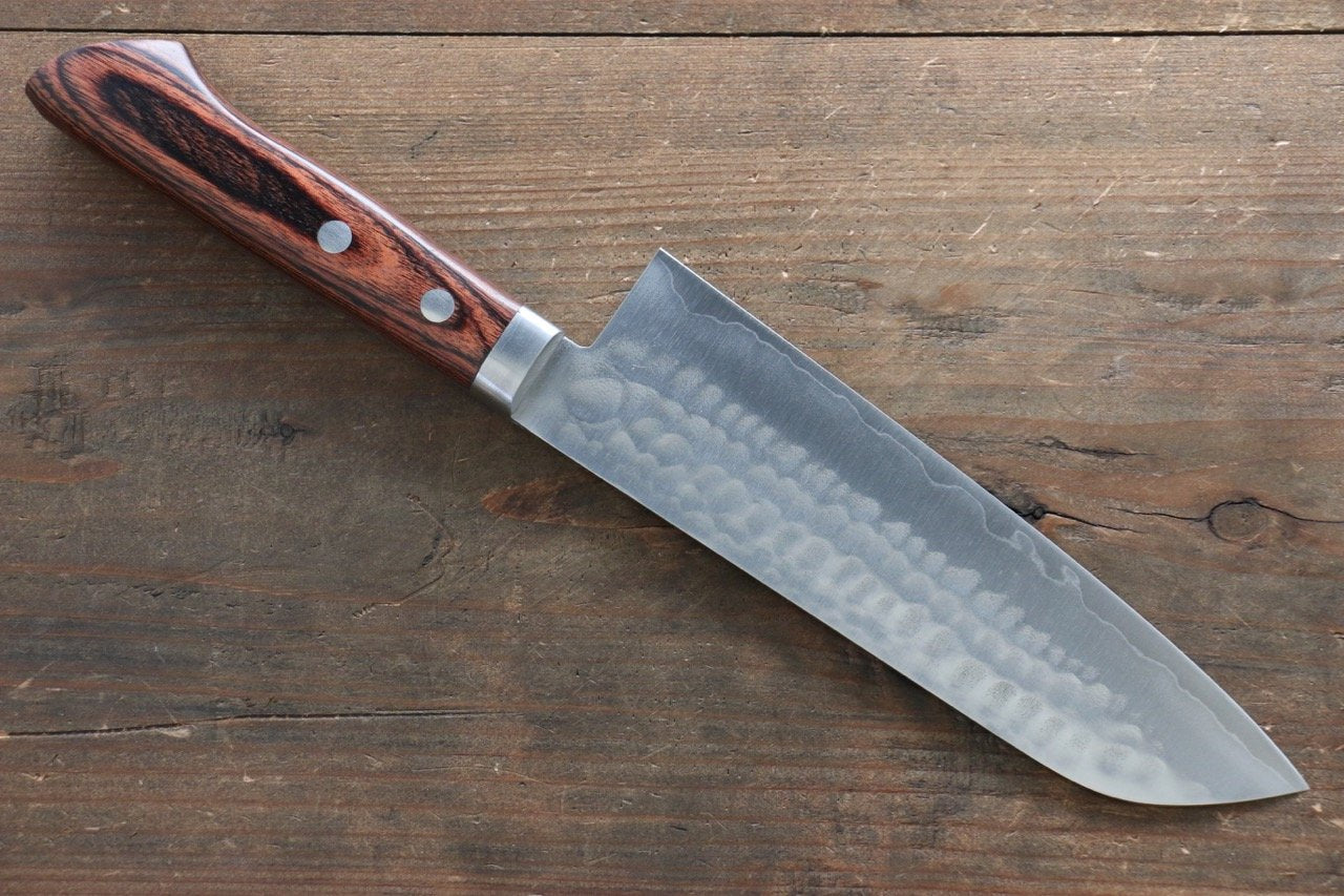 Premium Kunihira Tanzo VG1 Hammered Santoku Knife 170mm - Japanese Chef Knife with Mahogany Handle - Perfect for Slicing, Dicing & Chopping Vegetables, Meat & Fish
