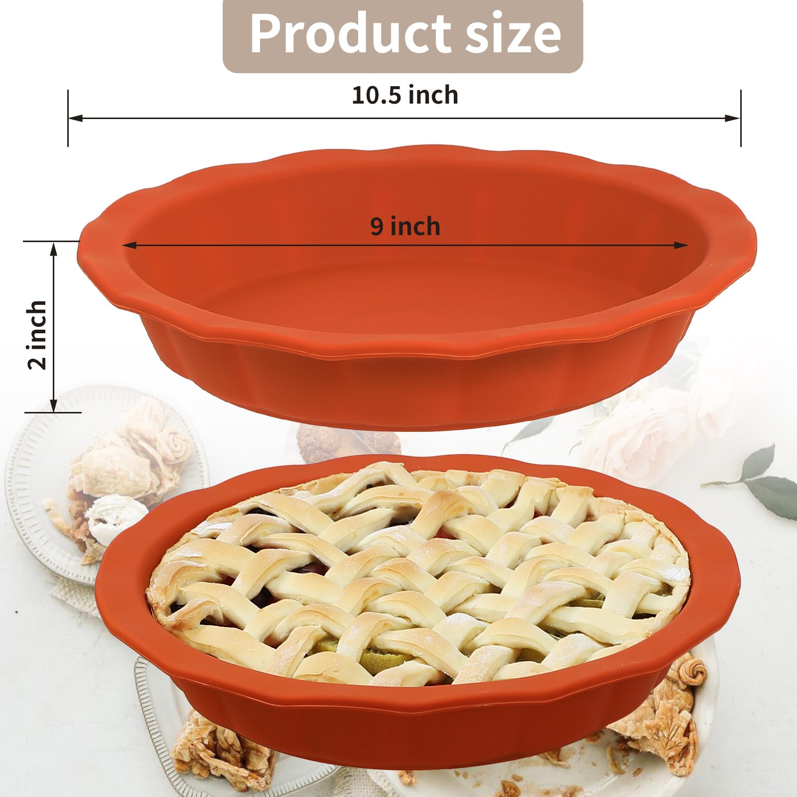 Non-Stick Silicone Pie Pans for Baking - 9 Inch Reusable Pie Dish with Corrugated Edge, Dishwasher & Microwave Safe (Red) - Perfect for Thanksgiving, Christmas Desserts & Homemade Pies